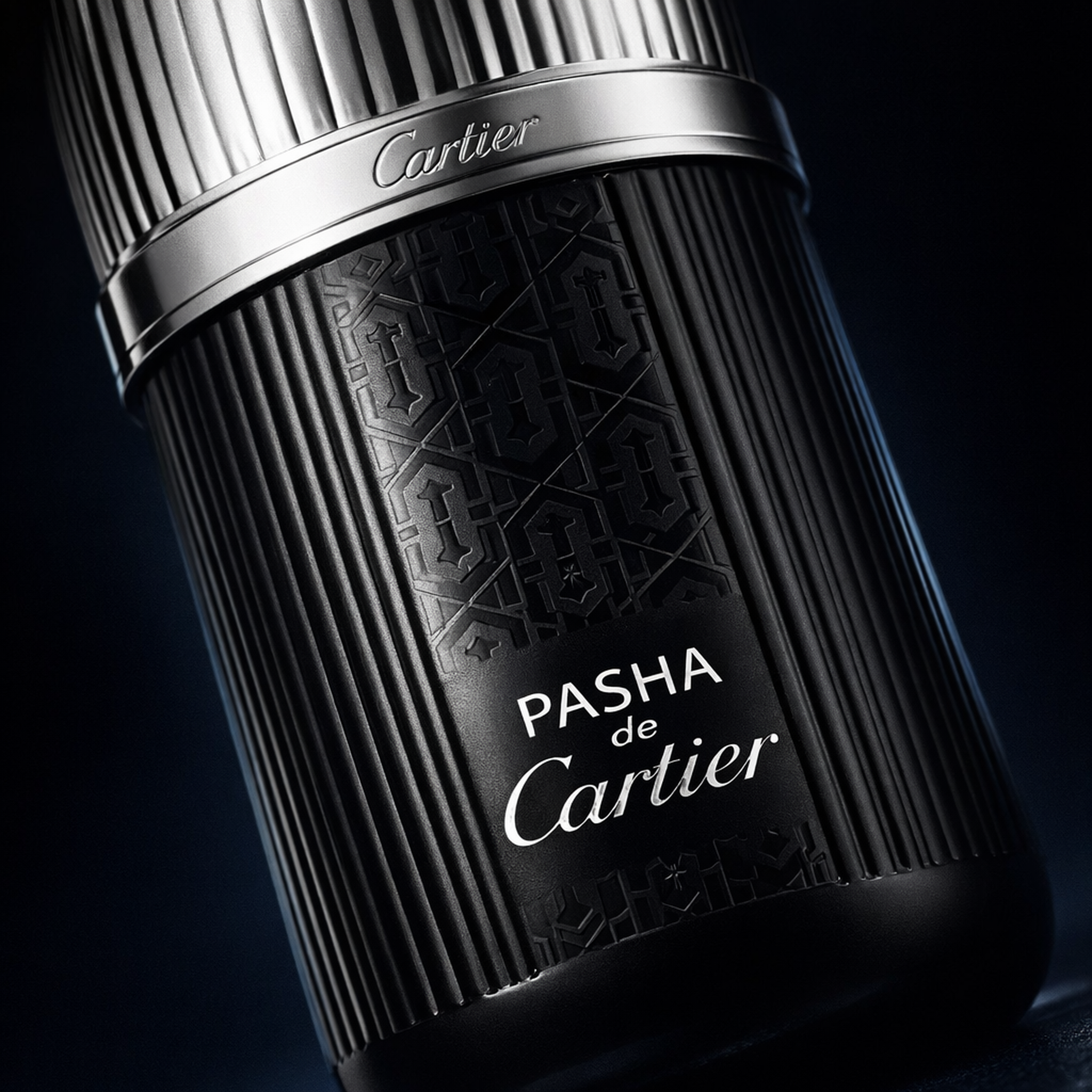 Cartier Pasha de Cartier Noir Absolu Limited Edition Parfum For Men macro label detail gallery showcase