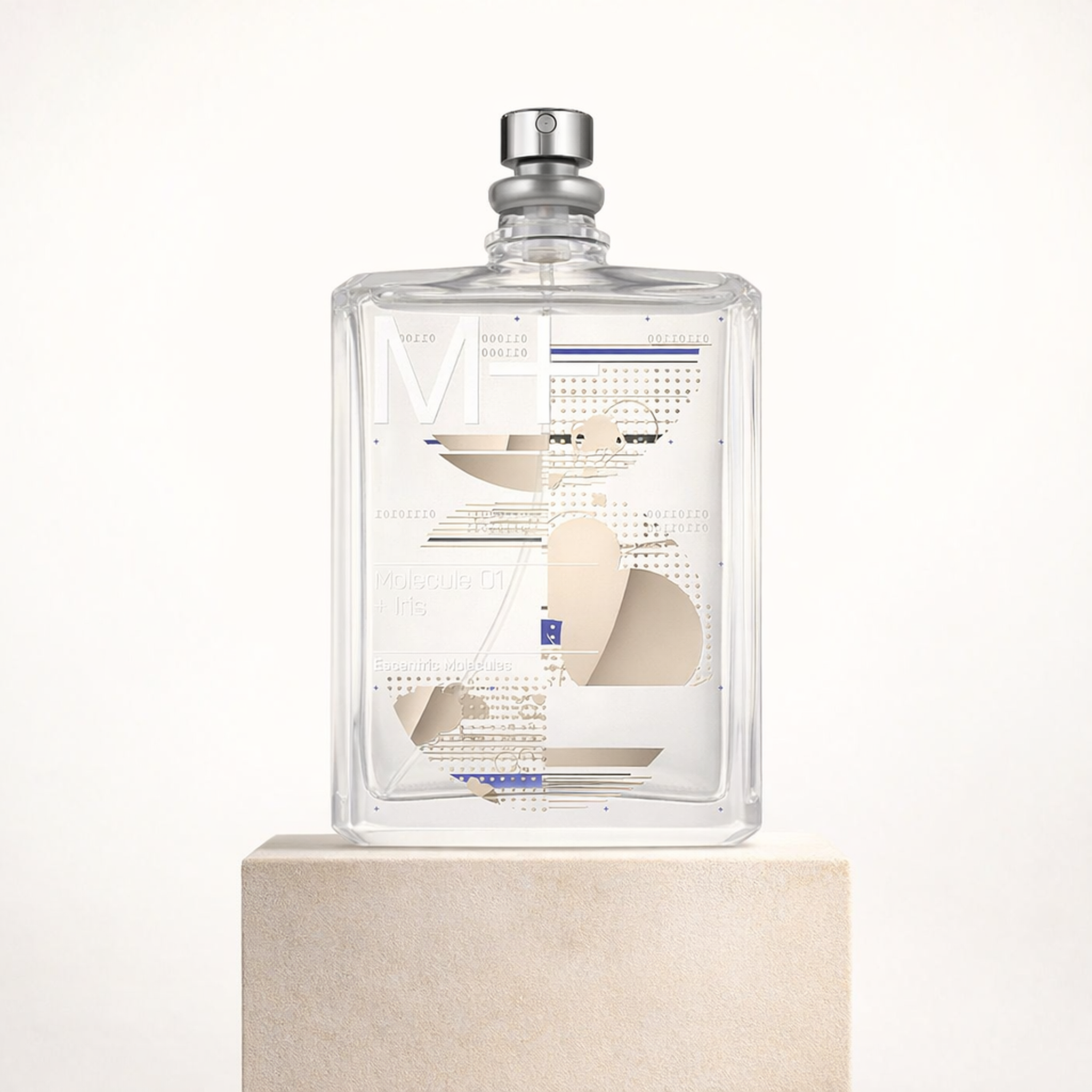Escentric Molecules M+ Molecule 01 + Iris EDT upright pedestal gallery showcase