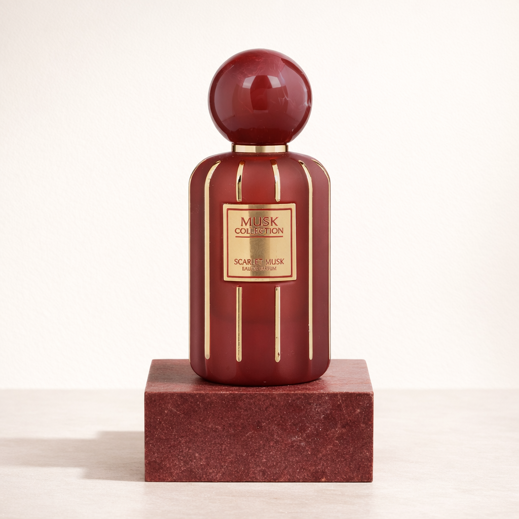 Flavia Musk Collection Scarlet Musk EDP upright pedestal gallery showcase