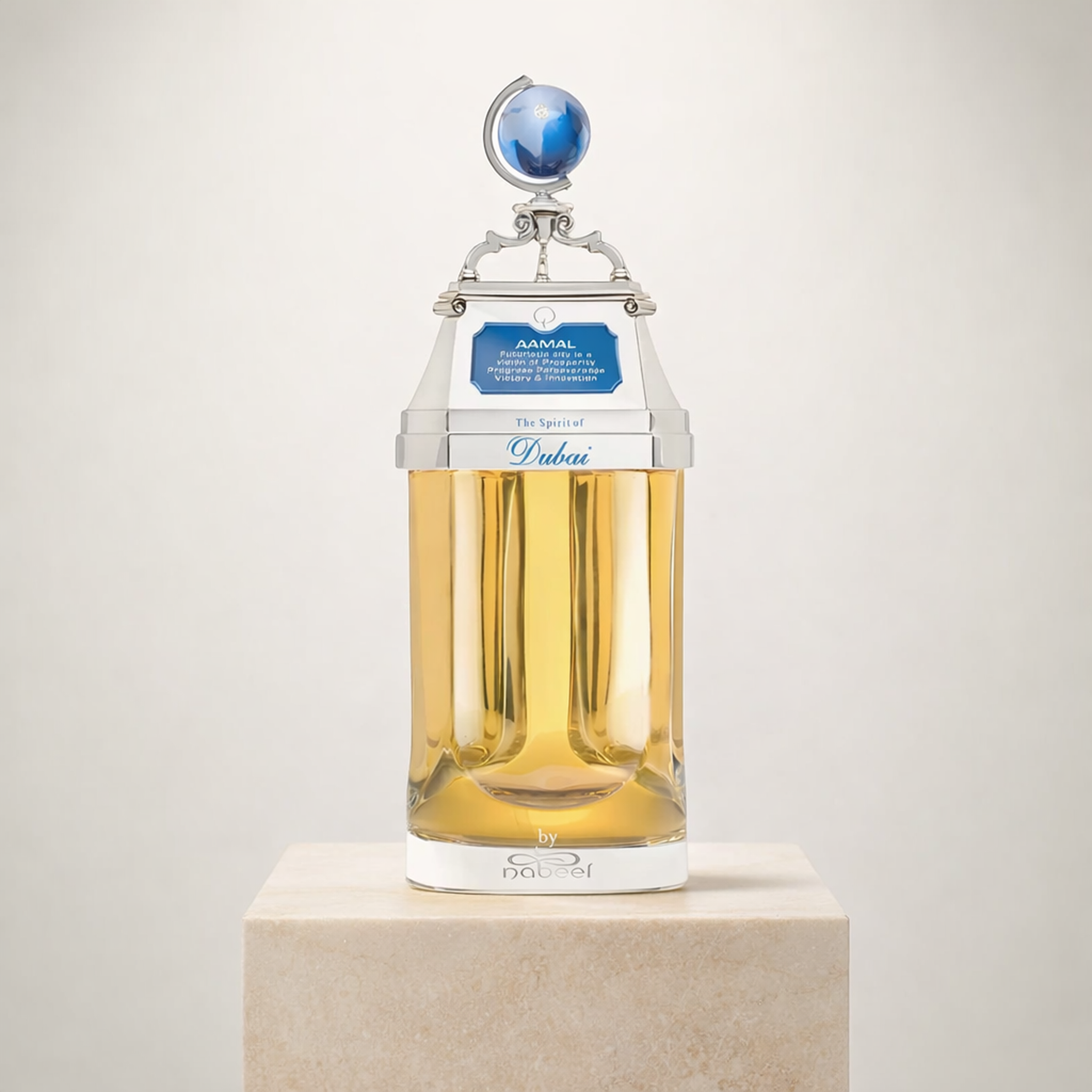 The Spirit of Dubai Aamal EDP upright pedestal gallery showcase