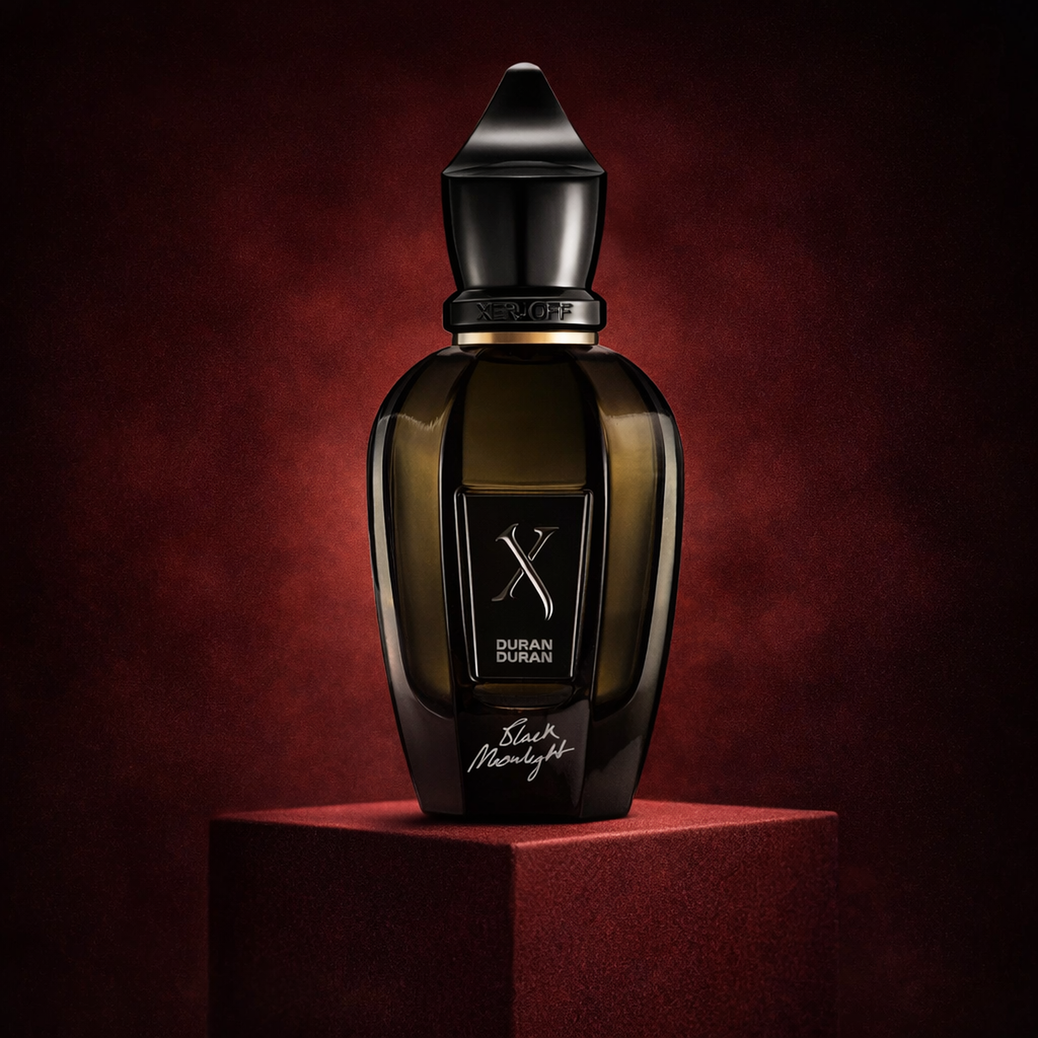 Xerjoff Duran Duran Black Moonlight Parfum upright pedestal gallery showcase