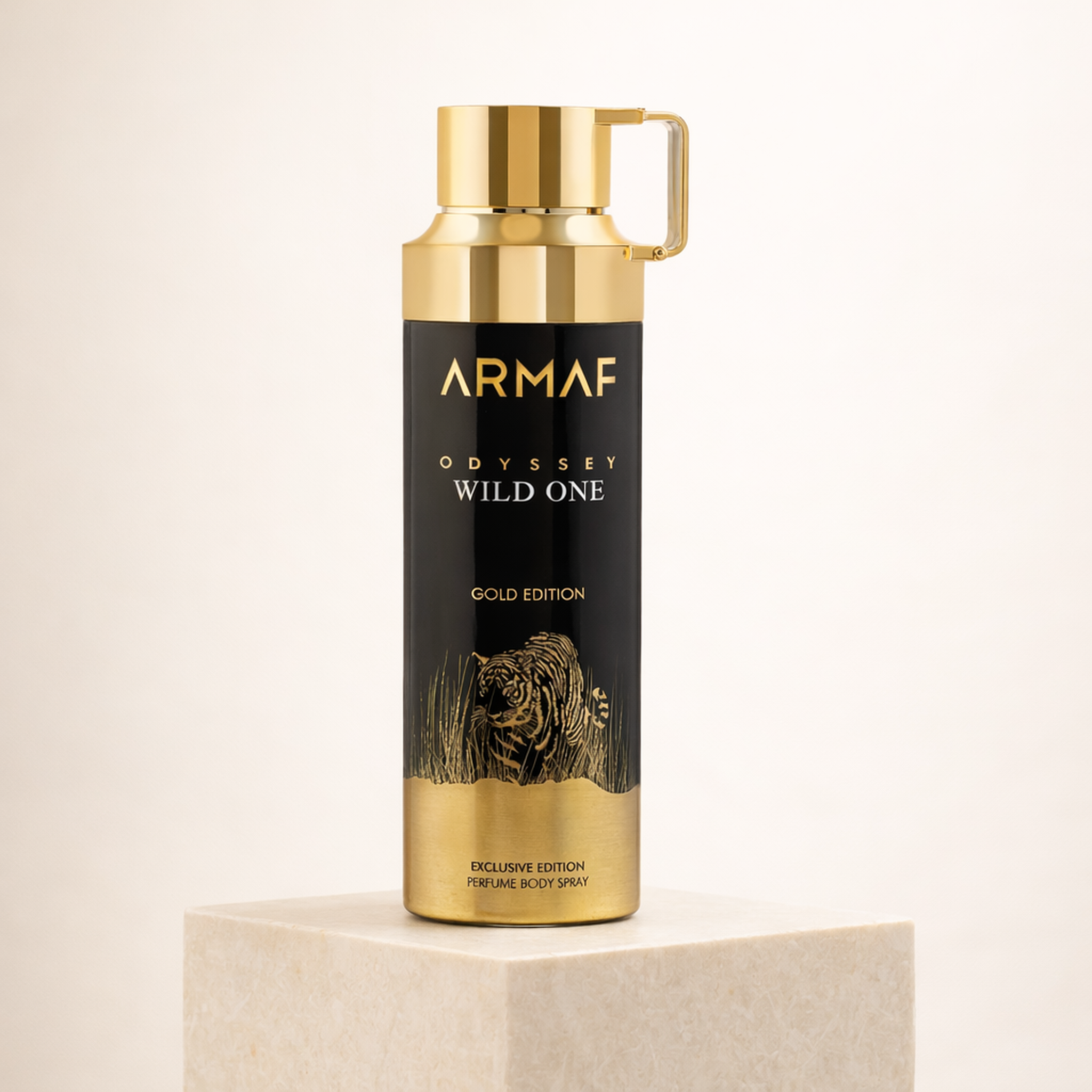 Armaf Odyssey Wild One Gold Edition Body Spray upright pedestal gallery showcase