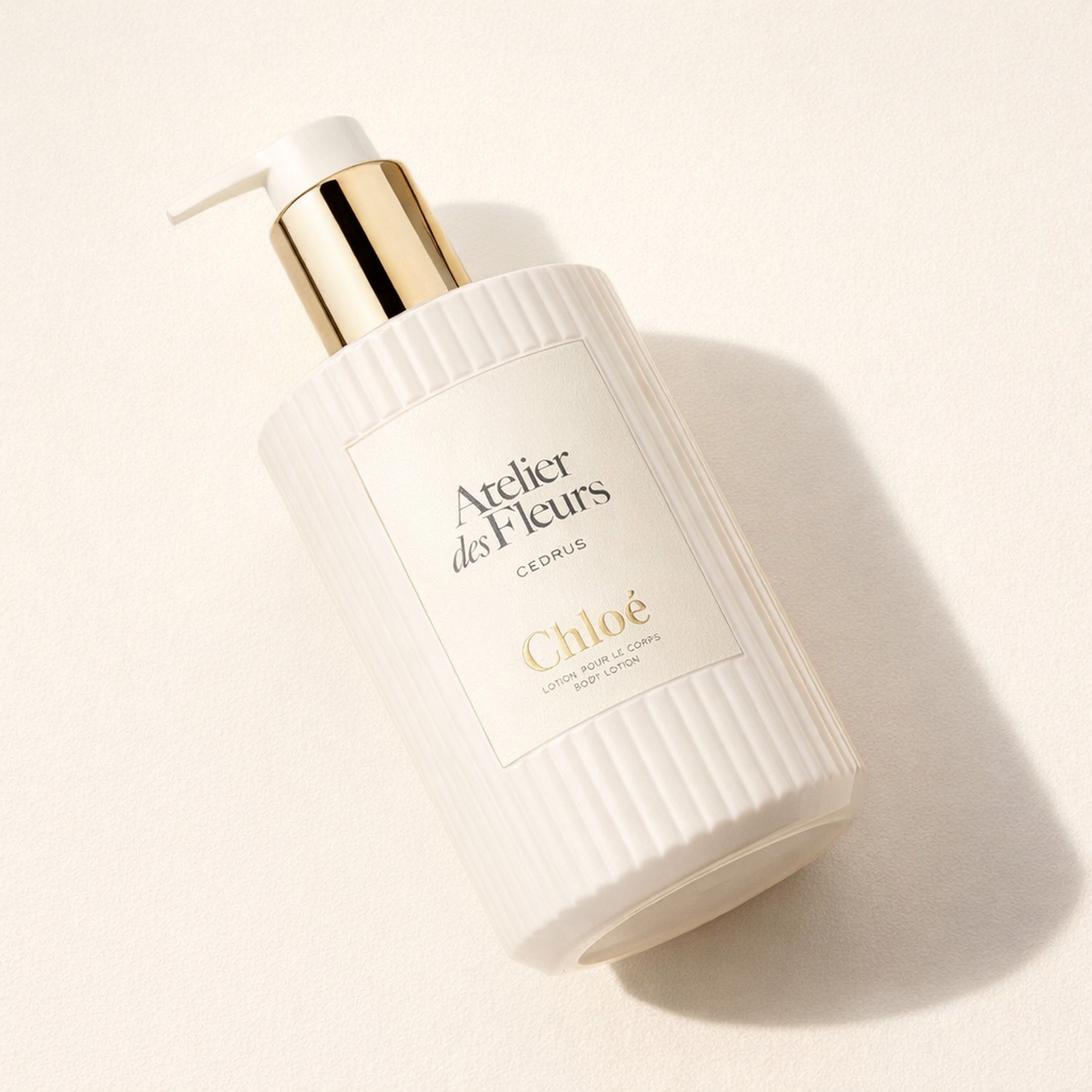 Chloe Atelier Des Fleurs Cedrus Body Lotion angled still-life gallery showcase
