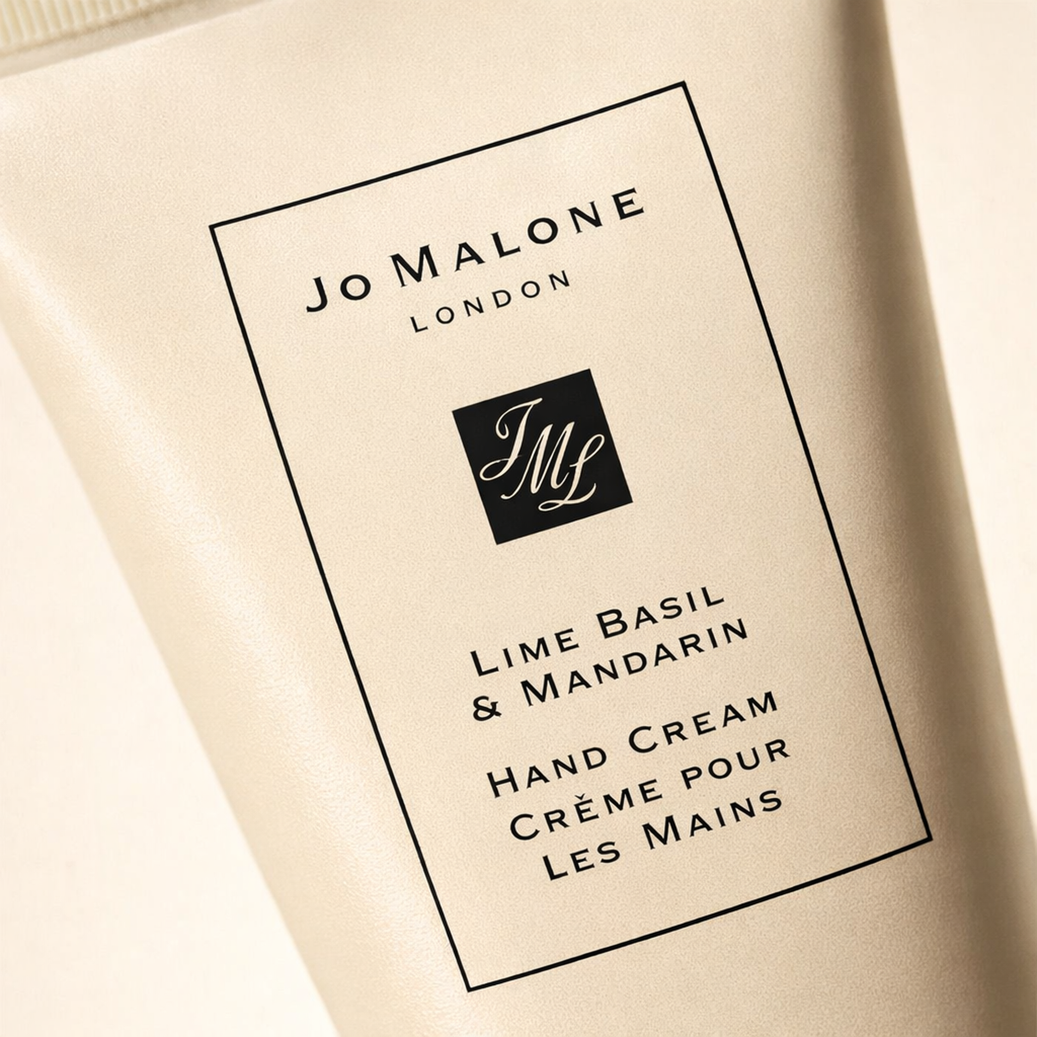 Jo Malone Lime Basil & Mandarin Hand Cream macro label detail gallery showcase