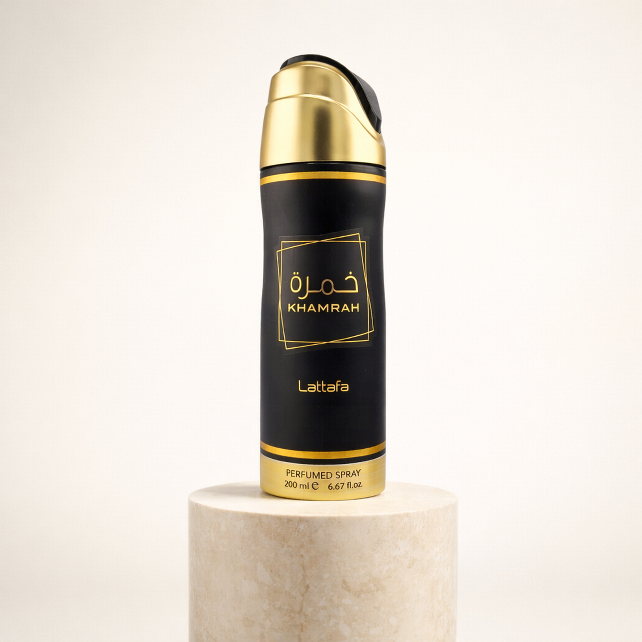 Lattafa Khamrah Deodorant upright pedestal gallery showcase