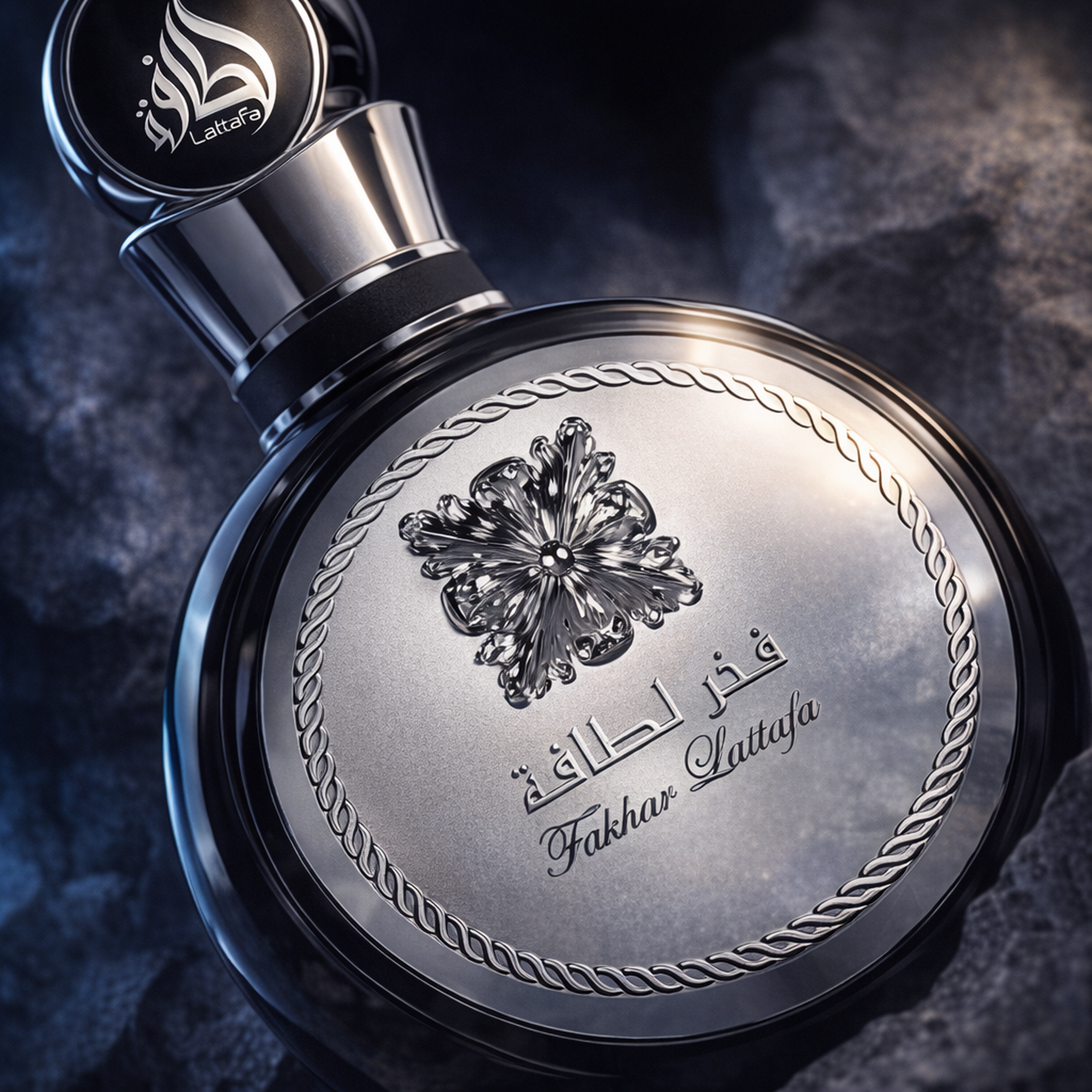 Lattafa Fakhar Platin EDP macro label detail gallery showcase