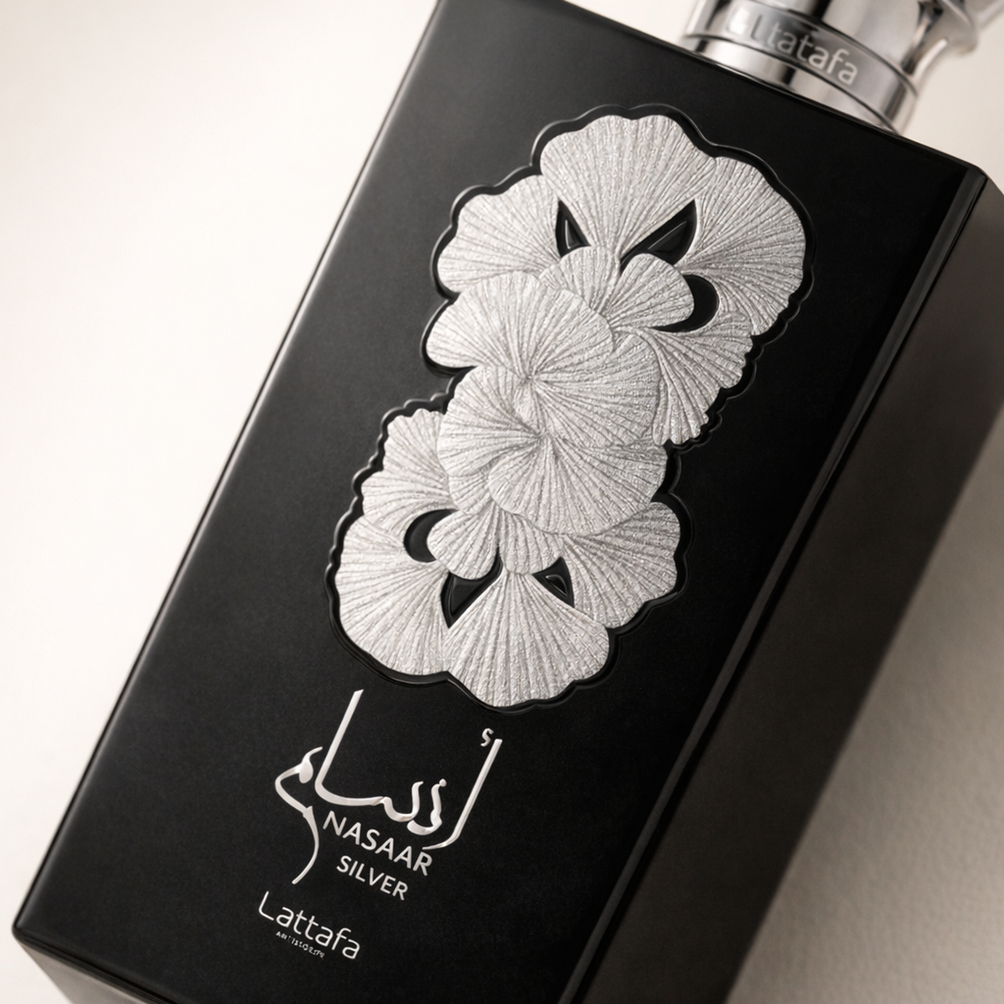 Lattafa Pride Ansaam Silver EDP For Men macro label detail gallery showcase