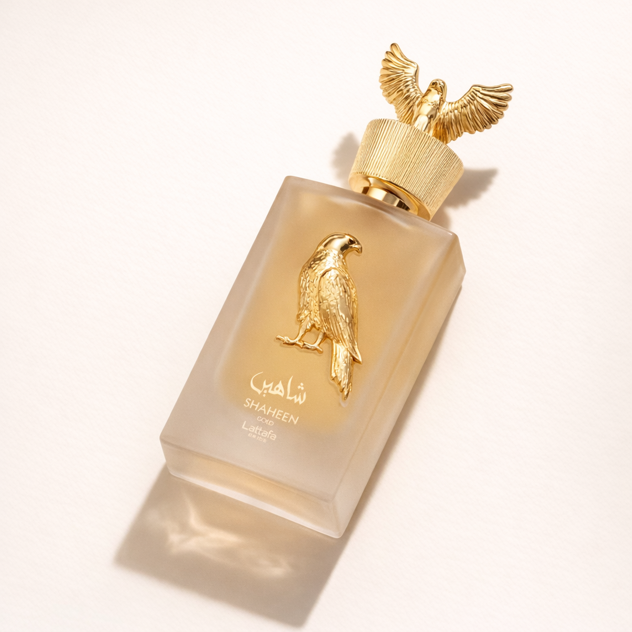 Lattafa Pride Shaheen Gold EDP angled still-life gallery showcase
