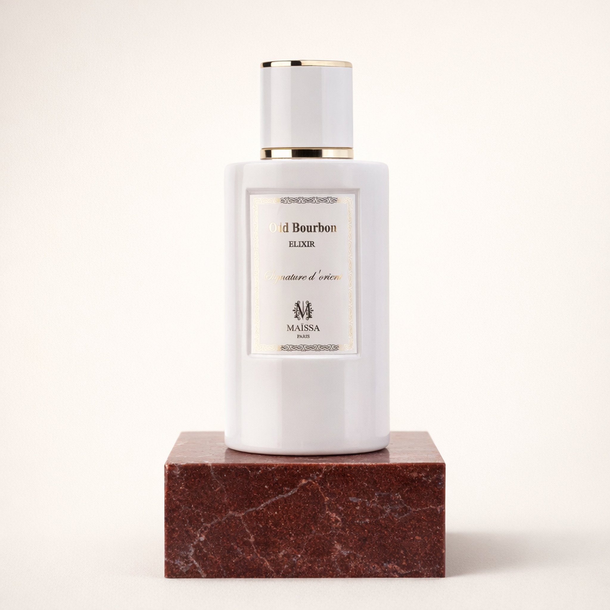 Maissa Oud Bourbon Elixir EDP upright pedestal gallery showcase