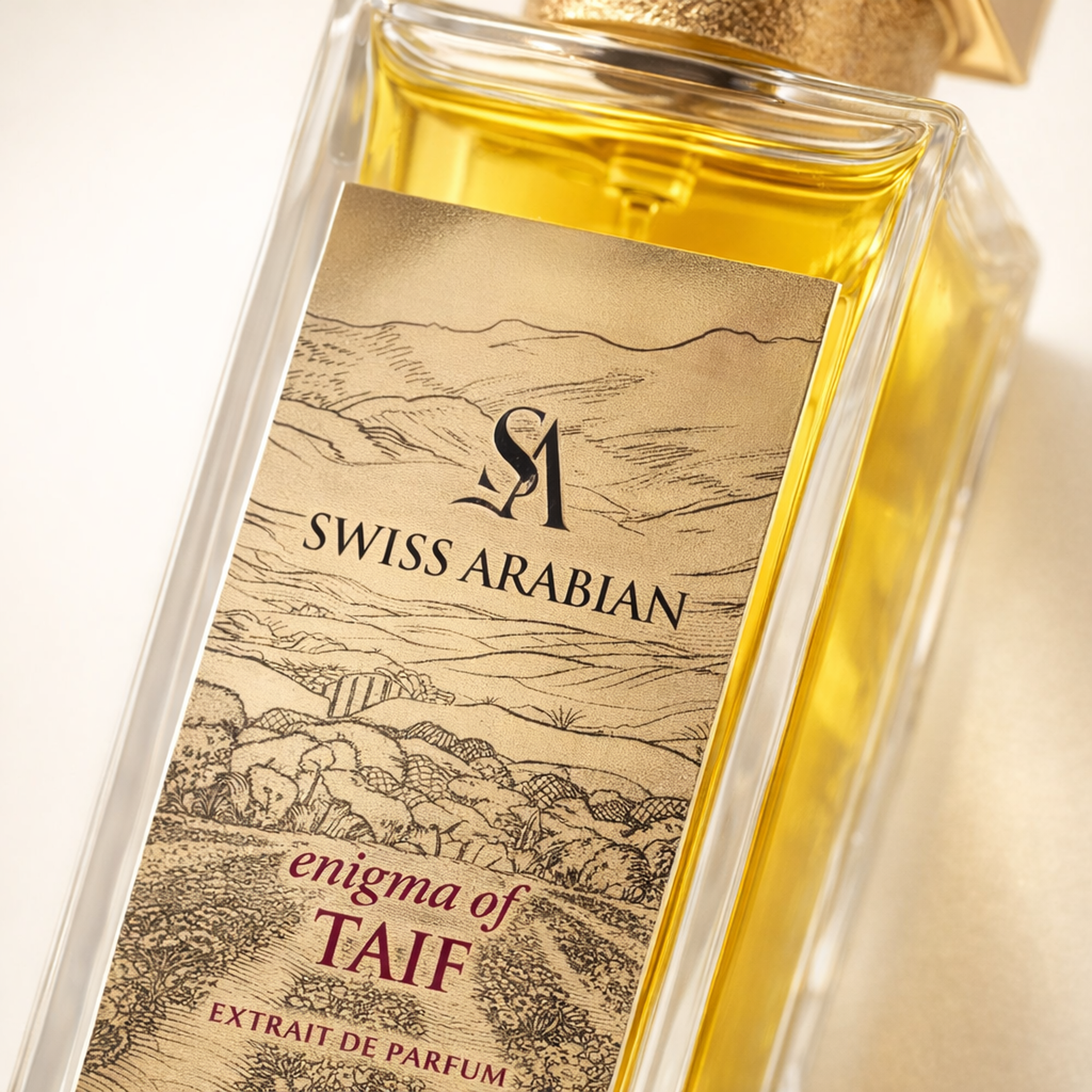 Swiss Arabian Enigma of Taif Extrait Parfum macro label detail gallery showcase