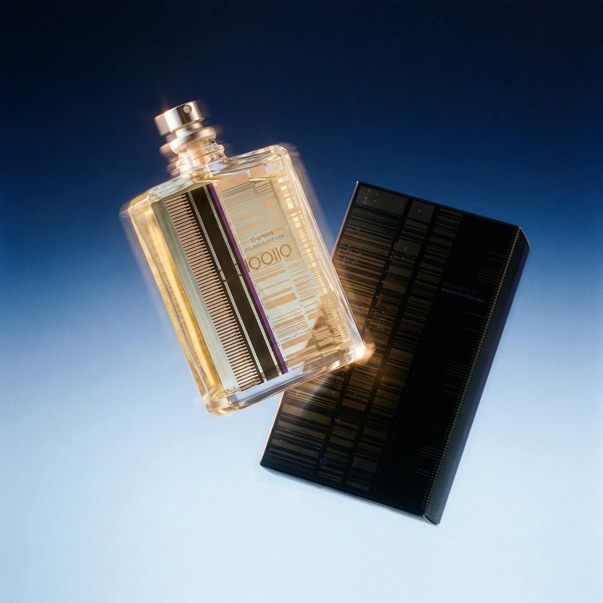 Perfume bottle with packaging on a gradient blue and white background