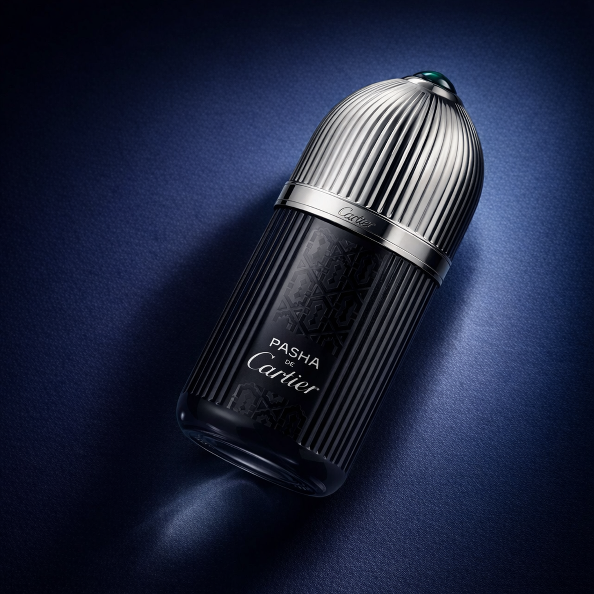 Cartier Pasha de Cartier Noir Absolu Limited Edition Parfum For Men angled still-life gallery showcase