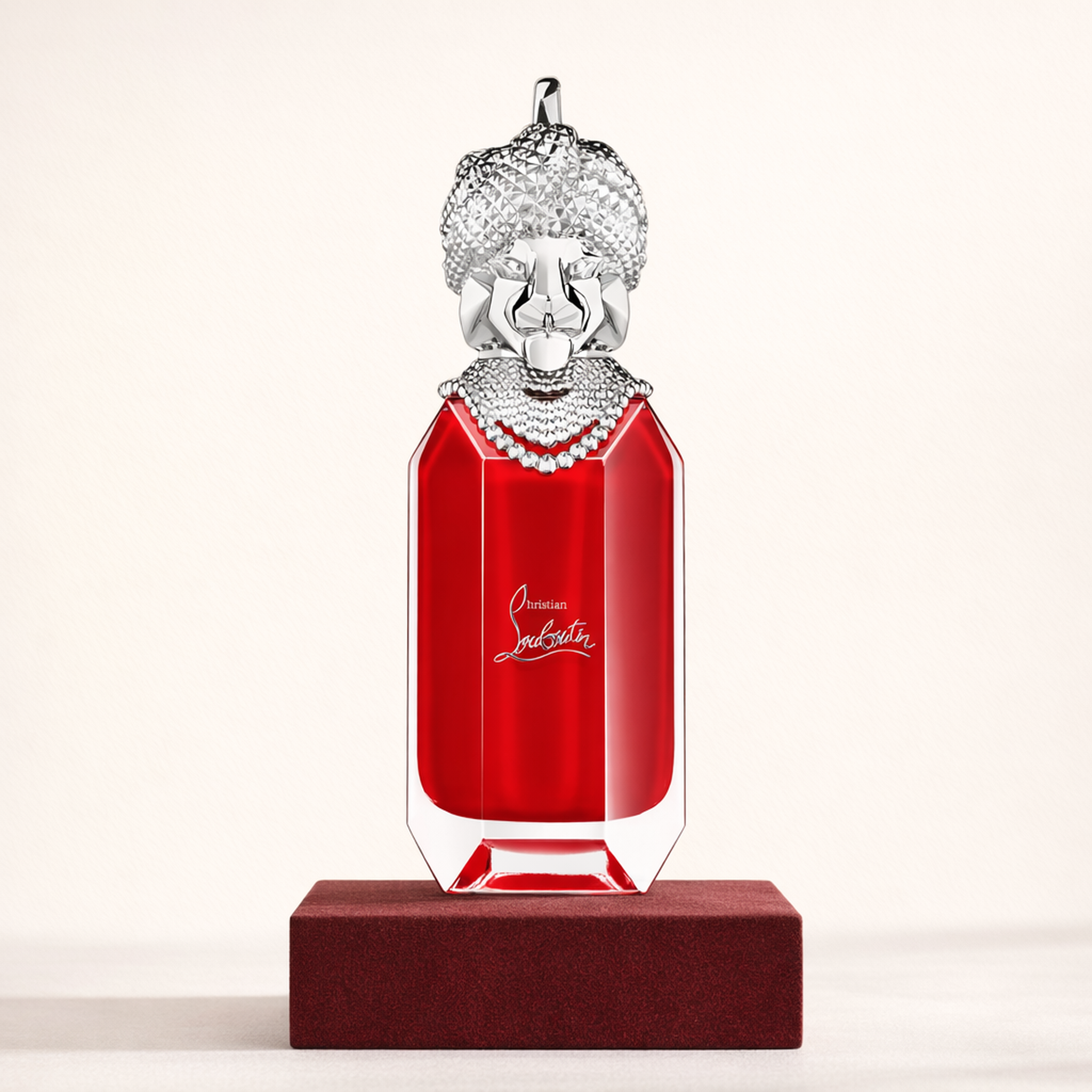 Christian Louboutin Loubidoo Rose Encens Limited Edition EDP upright pedestal gallery showcase