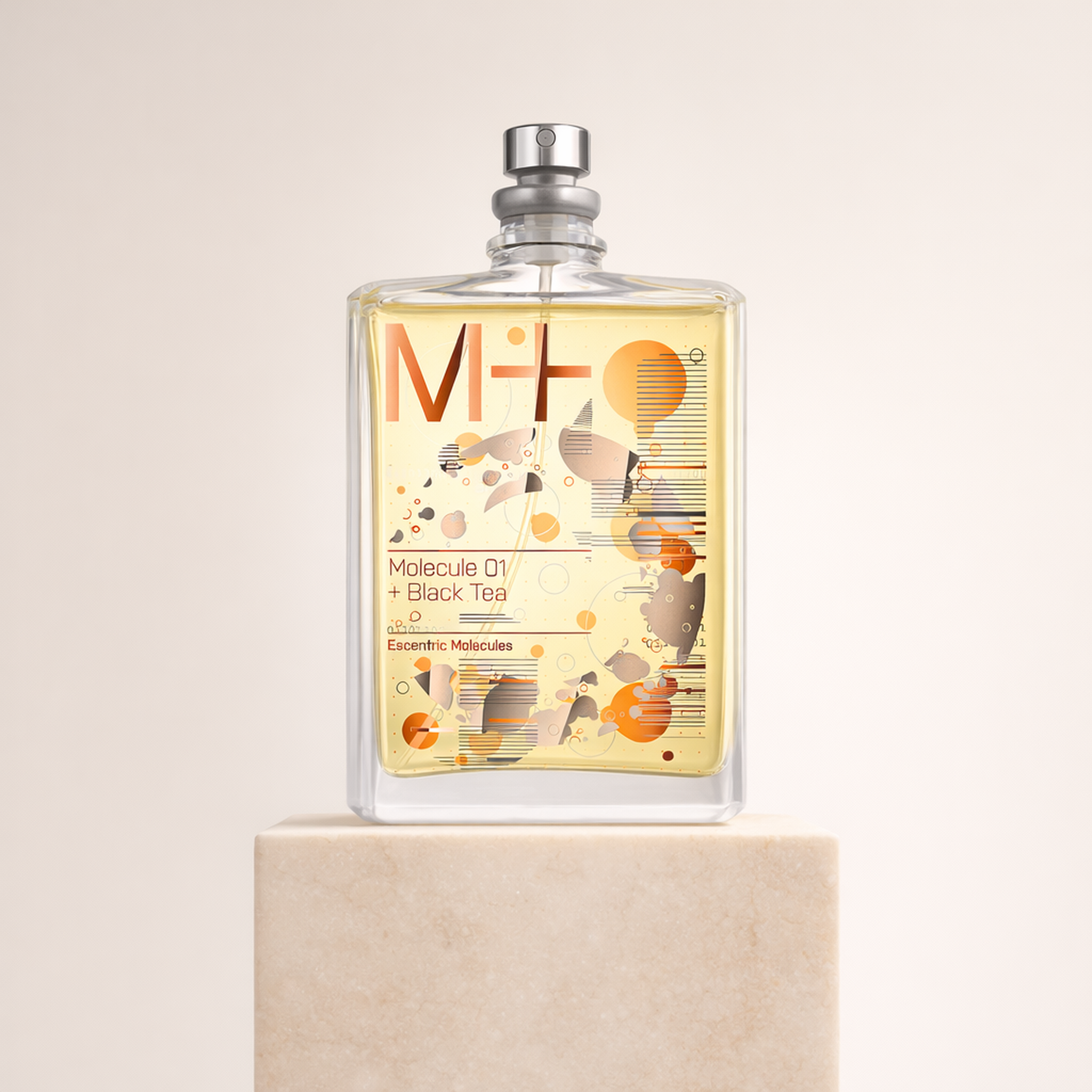 Escentric Molecules M+ Molecule 01 + Black Tea EDT upright pedestal gallery showcase