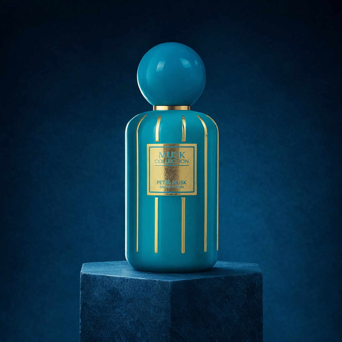 Flavia Musk Collection Petal Musk EDP upright pedestal gallery showcase