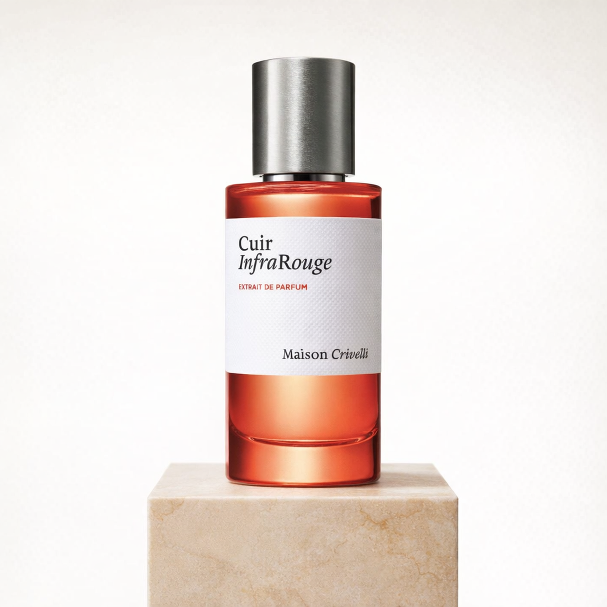 Maison Crivelli Cuir Infrarouge Extrait de Parfum upright pedestal gallery showcase