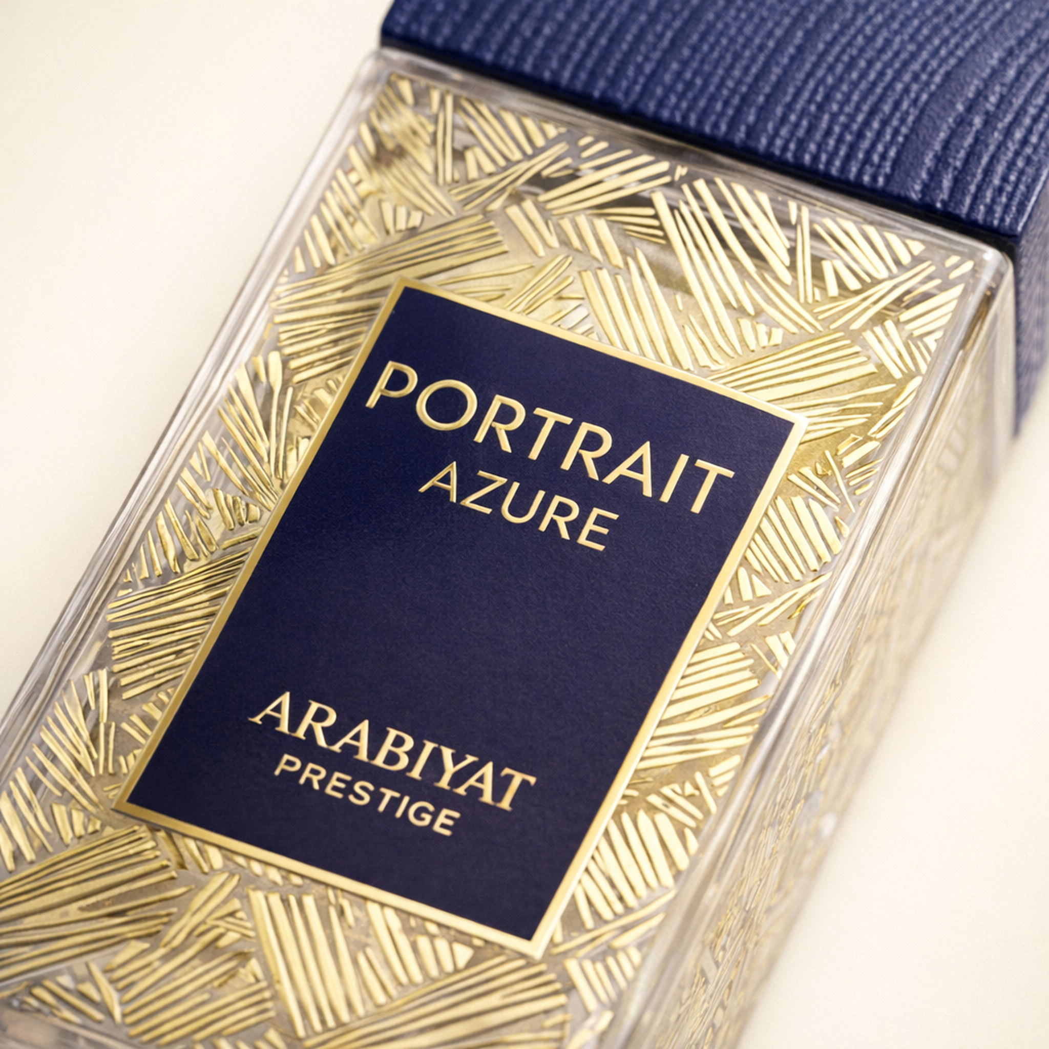 Arabiyat Prestige Portrait Azure EDP for Men macro label detail gallery showcase