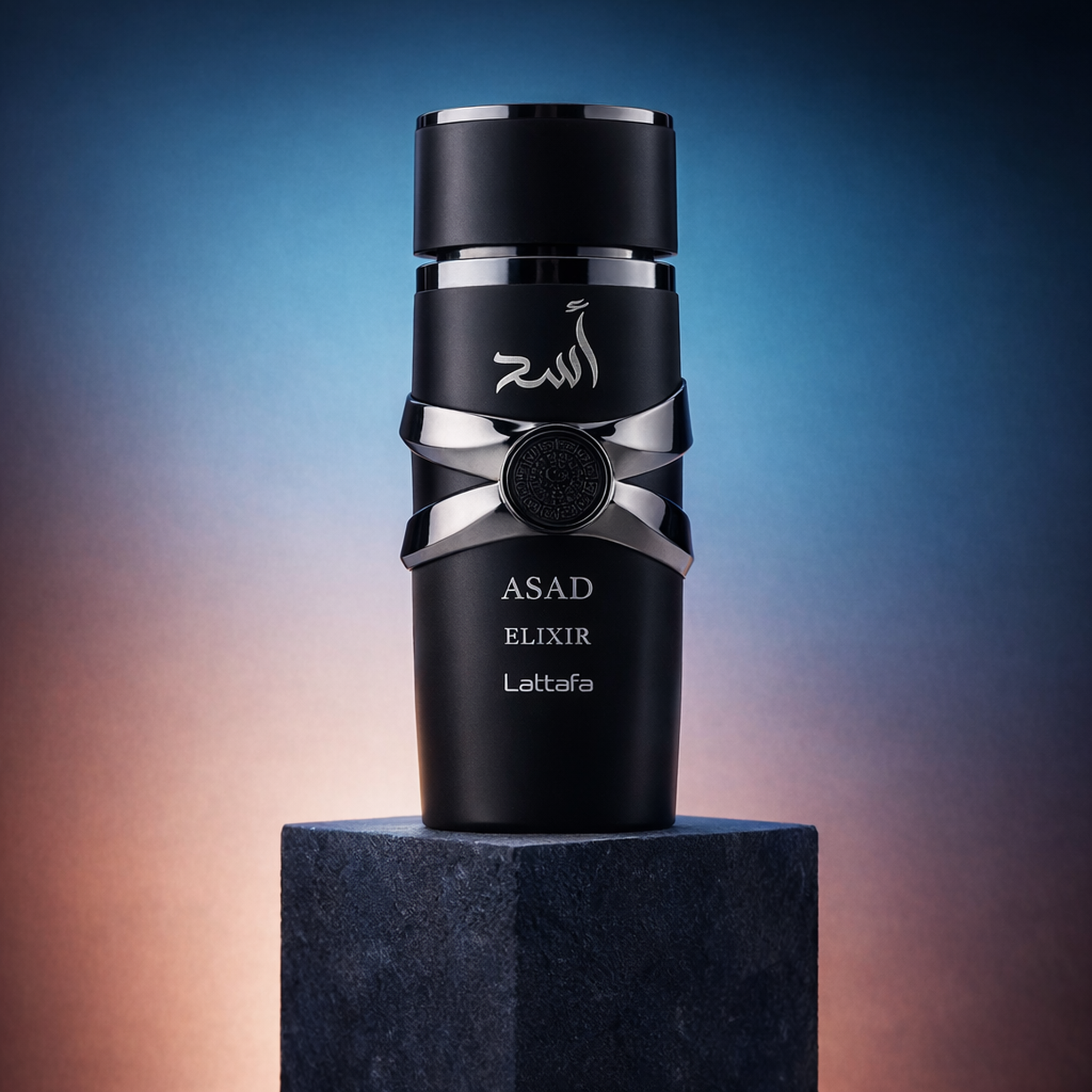Lattafa Asad Elixir EDP For Men upright pedestal gallery showcase