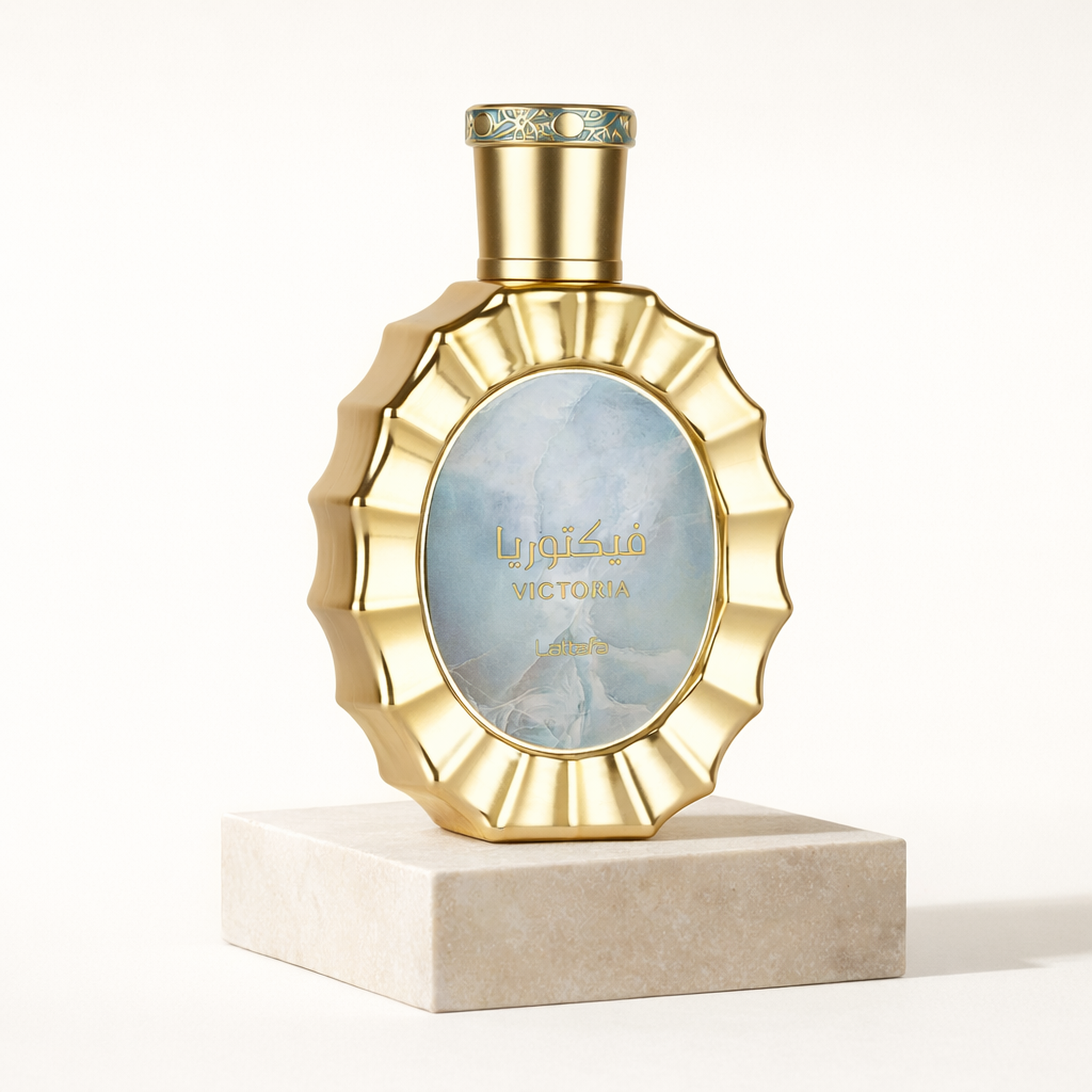 Lattafa Victoria EDP upright pedestal gallery showcase
