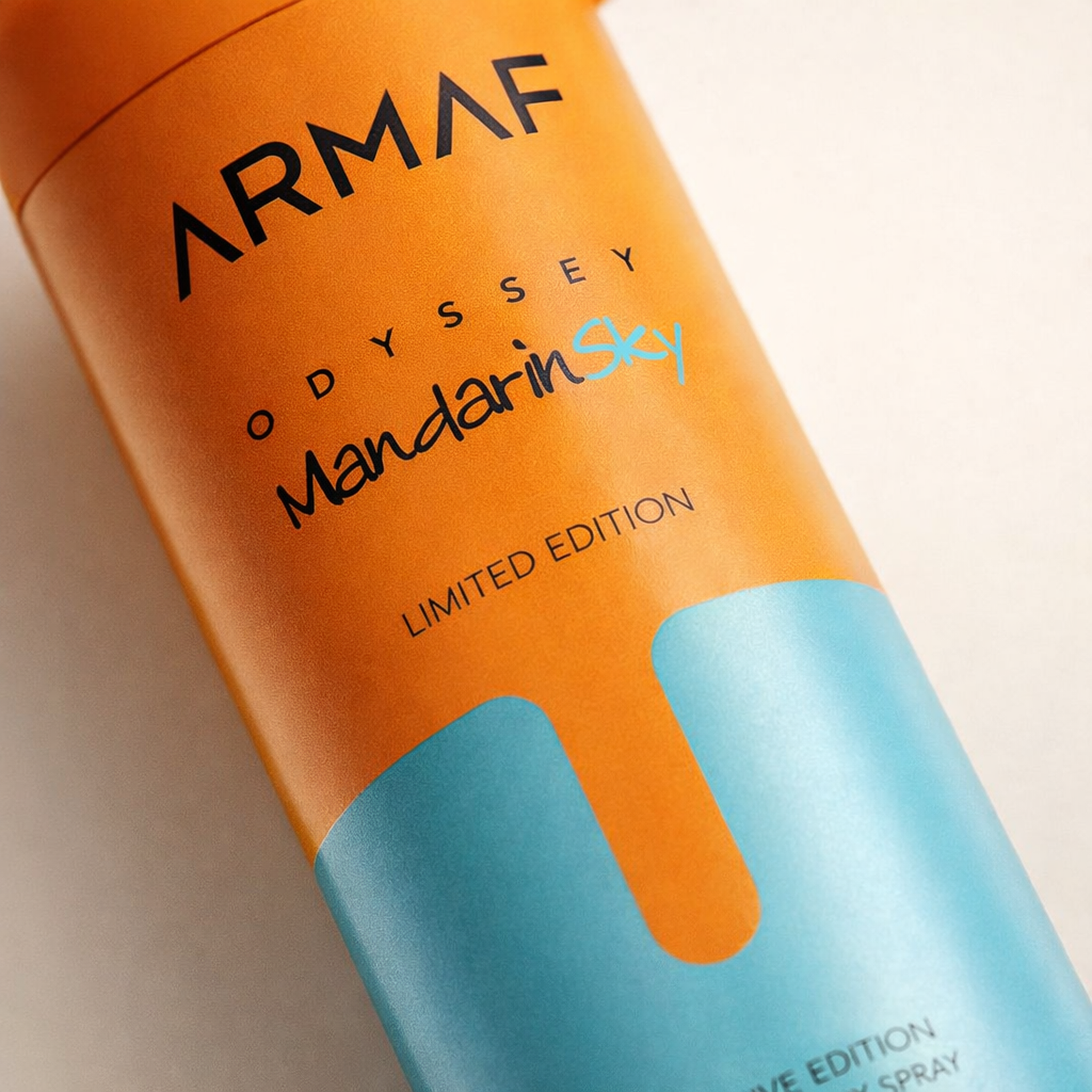 Armaf Odyssey Mandarin Sky Limited Edition Body Spray macro label detail gallery showcase
