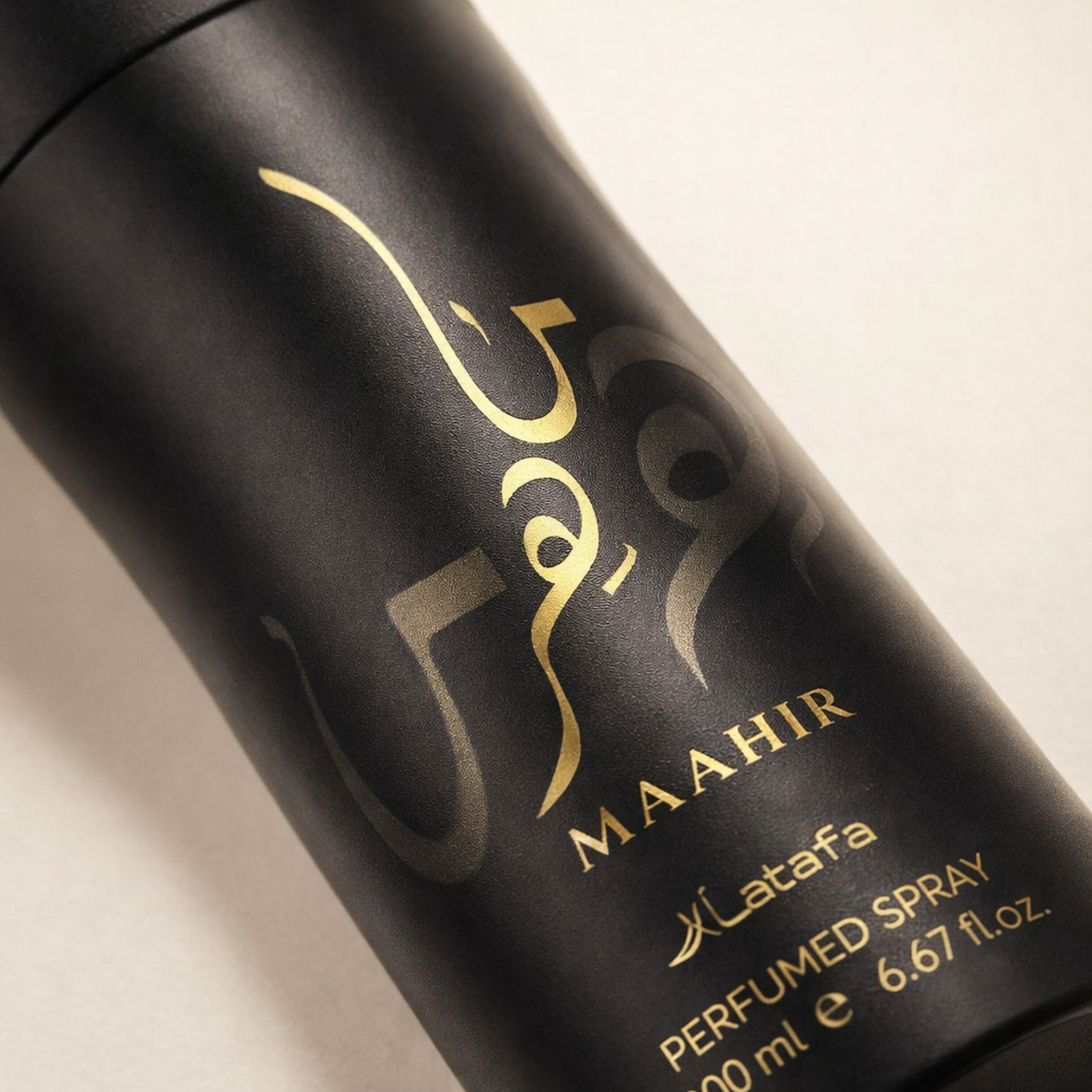 Lattafa Maahir Deodorant macro label detail gallery showcase