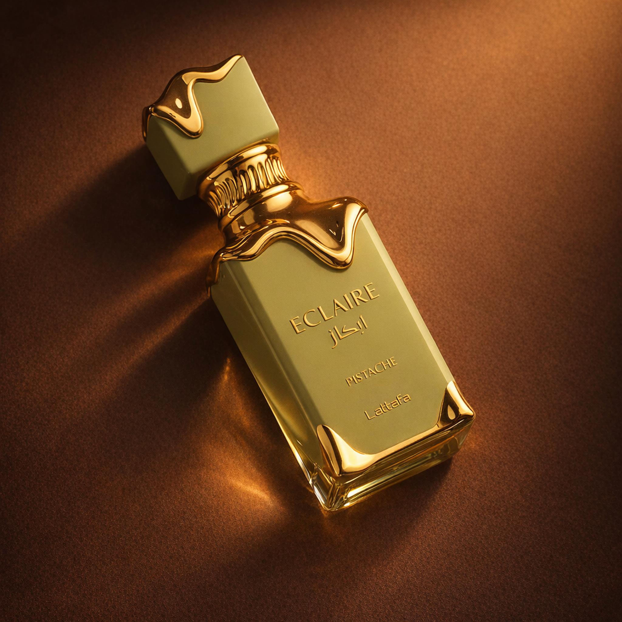 Lattafa Eclaire Pistache EDP angled still-life gallery showcase
