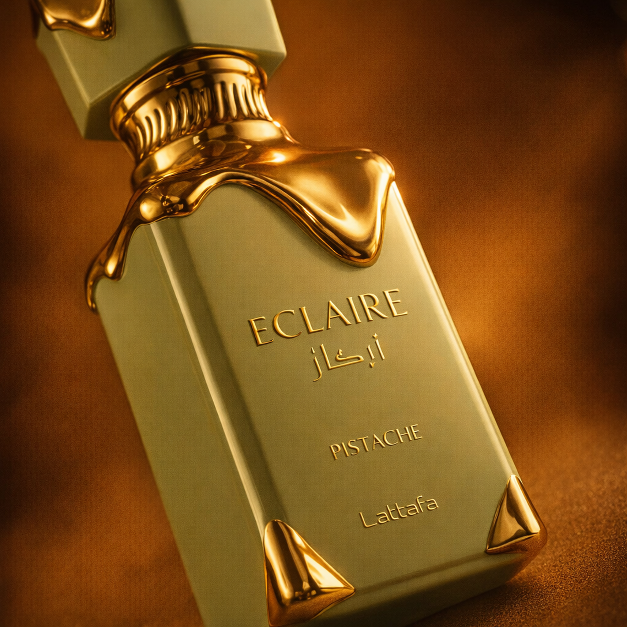 Lattafa Eclaire Pistache EDP macro label detail gallery showcase