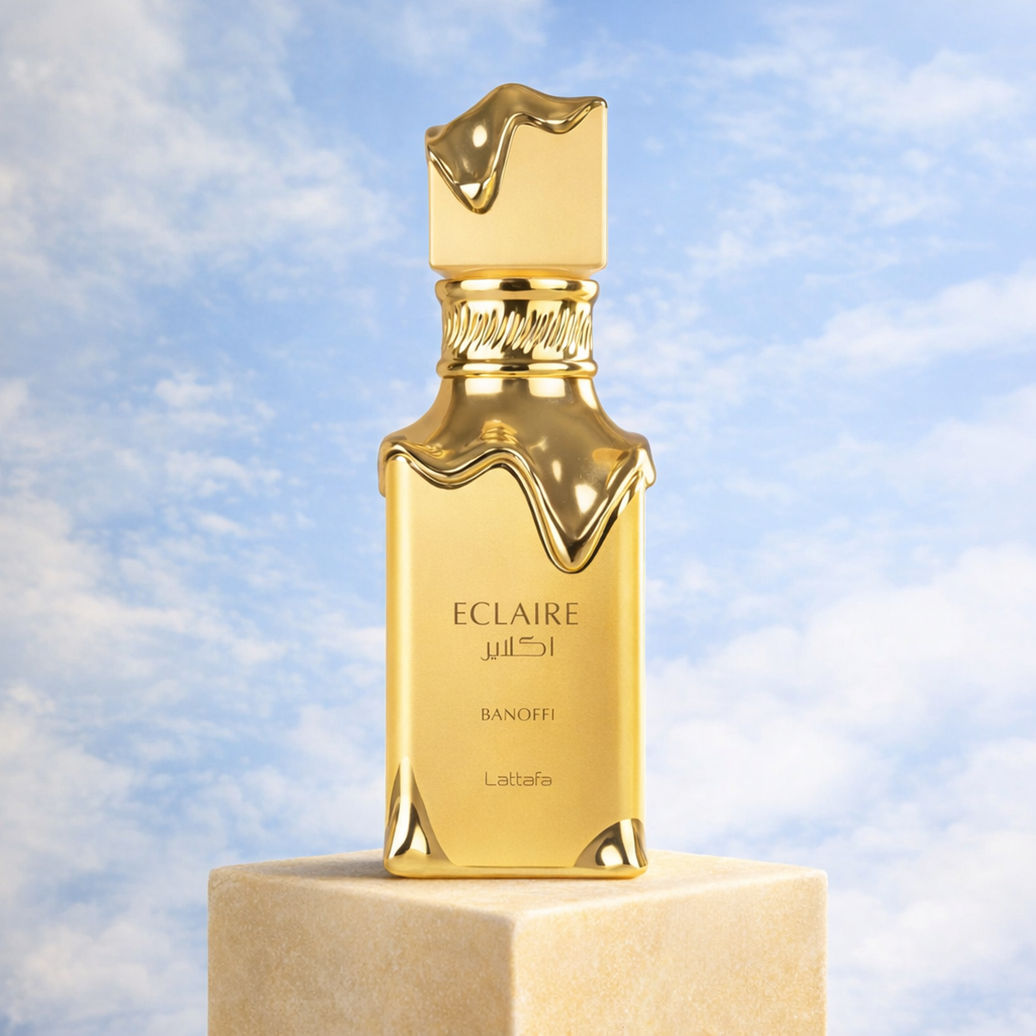 Lattafa Eclaire Banoffi EDP upright pedestal gallery showcase