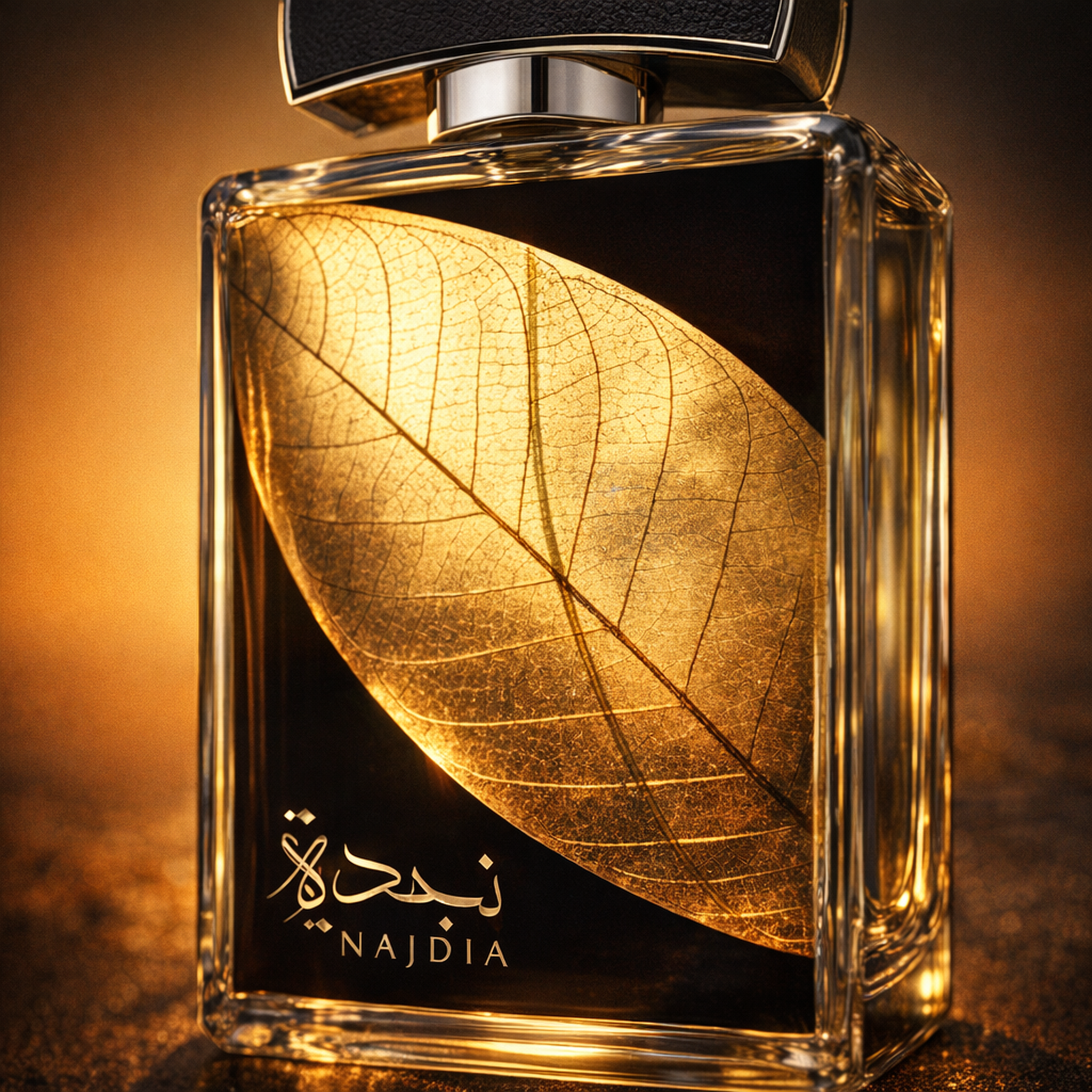 Lattafa Najdia In Gold EDP macro label detail gallery showcase
