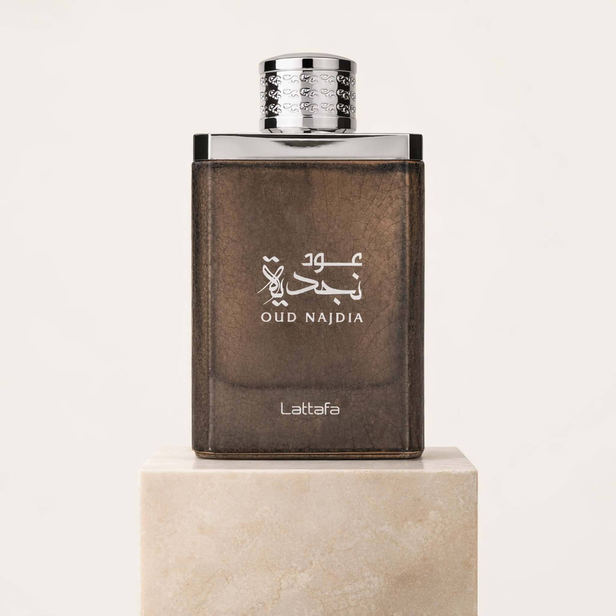 Lattafa Oud Najdia EDP upright pedestal gallery showcase
