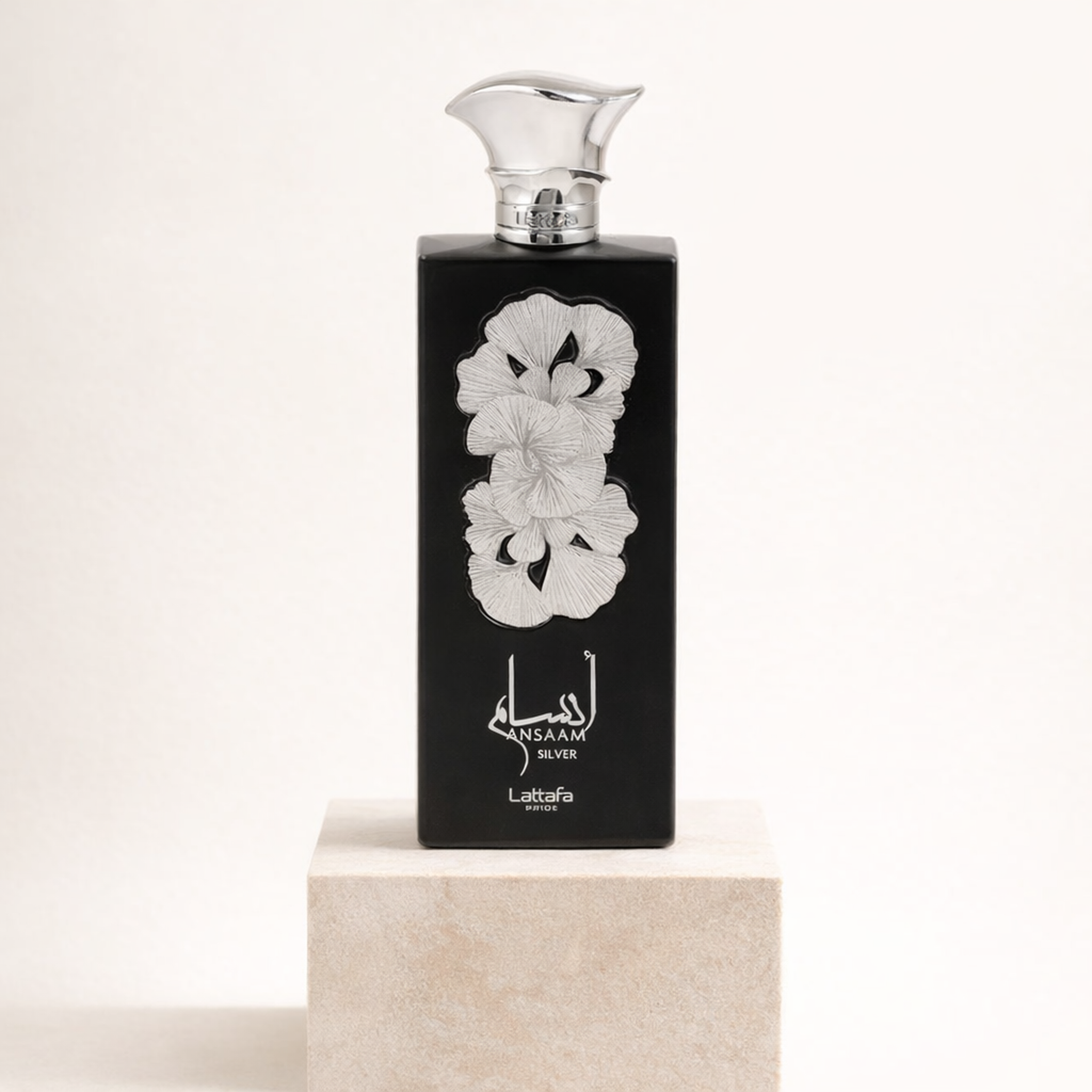 Lattafa Pride Ansaam Silver EDP For Men upright pedestal gallery showcase