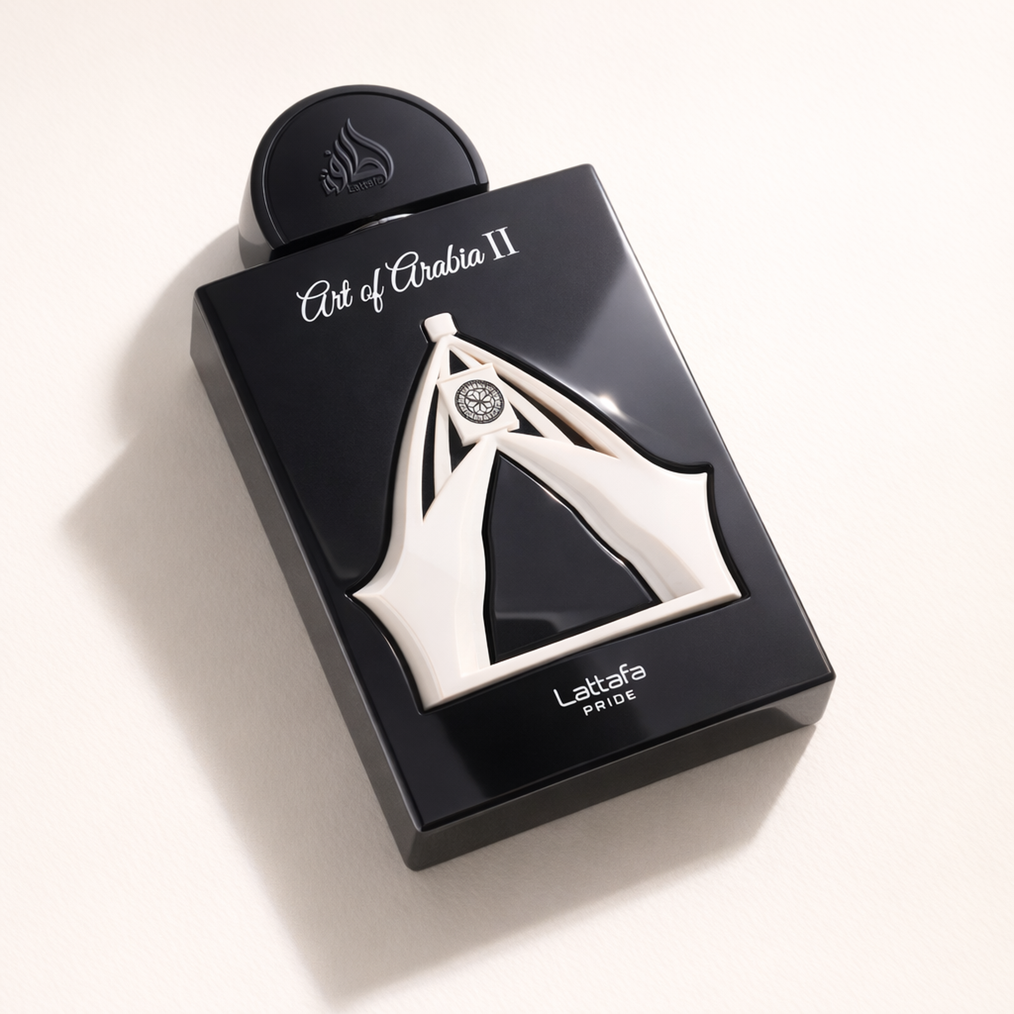 Lattafa Pride Art of Arabia II EDP angled still-life gallery showcase