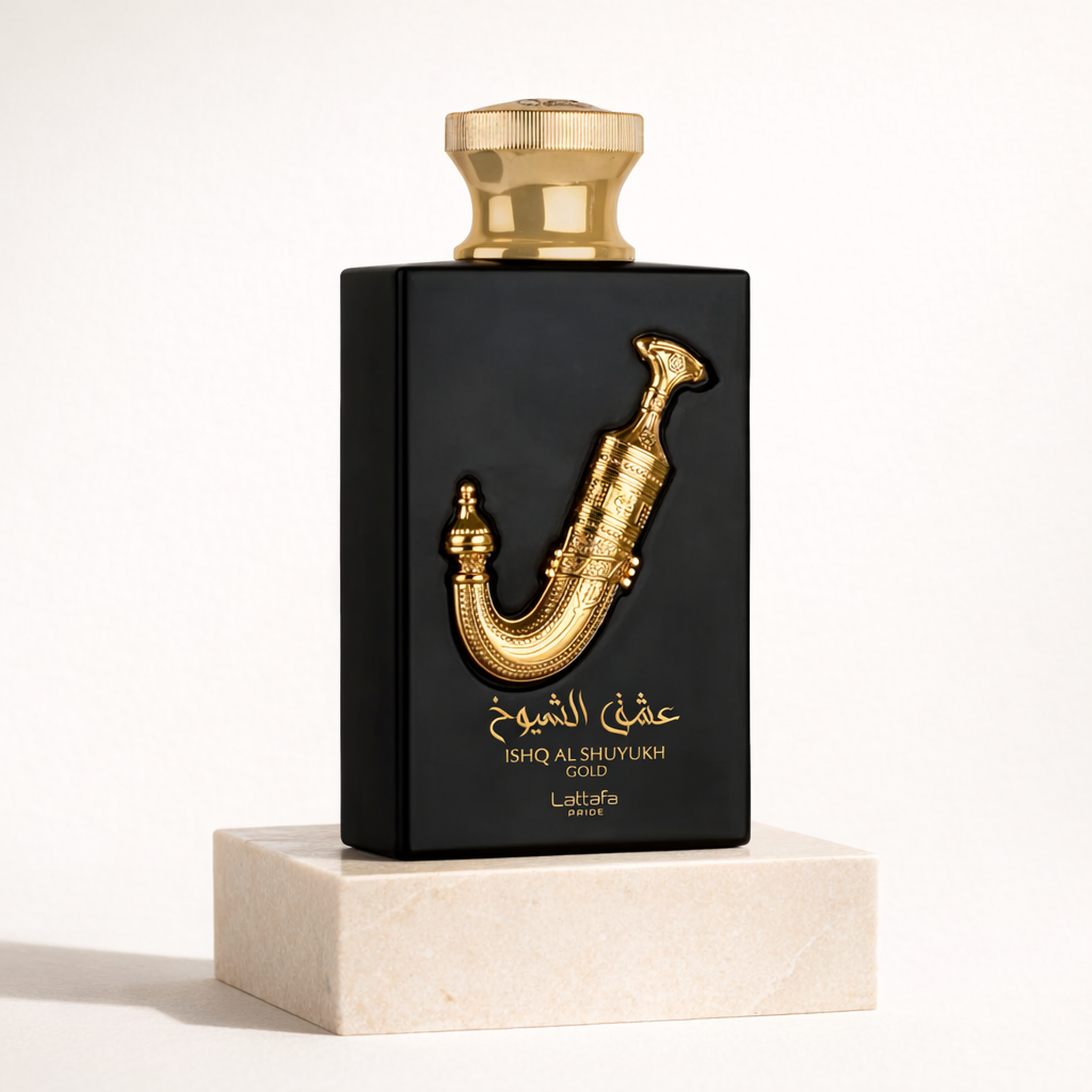 Lattafa Pride Ishq Al Shuyukh Gold EDP For Women upright pedestal gallery showcase