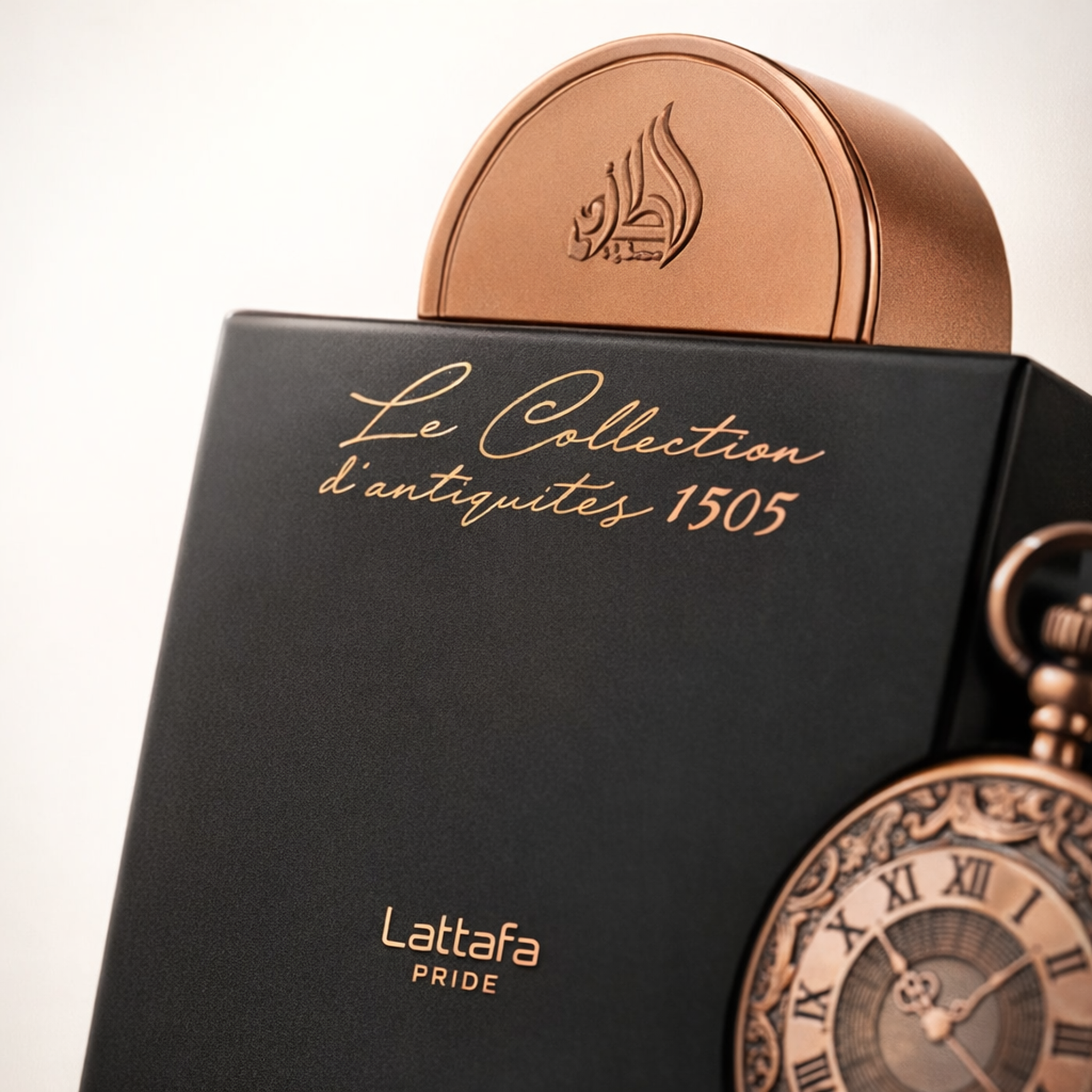 Lattafa Pride La Collection D'Antiquites 1505 EDP macro label detail gallery showcase