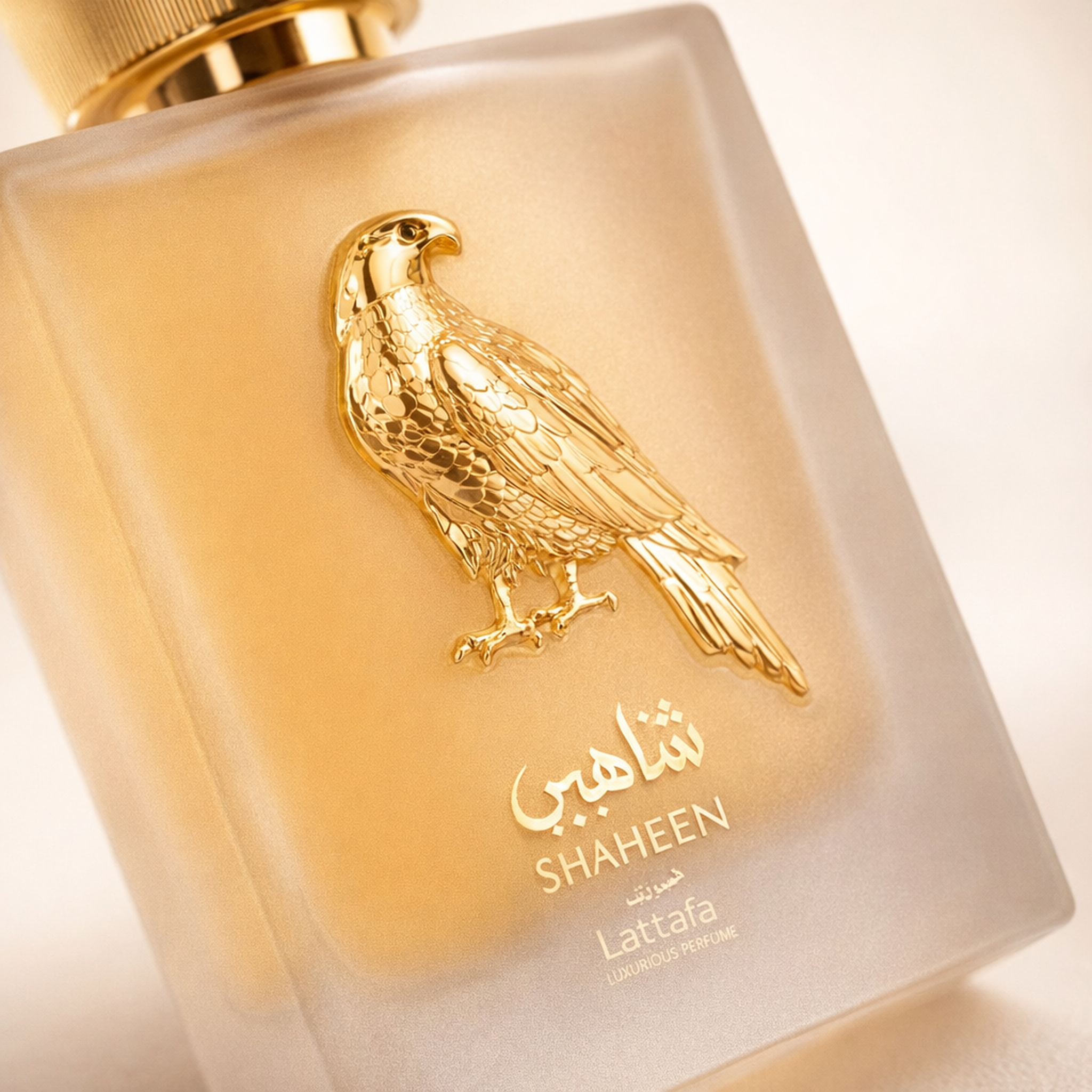 Lattafa Pride Shaheen Gold EDP macro label detail gallery showcase