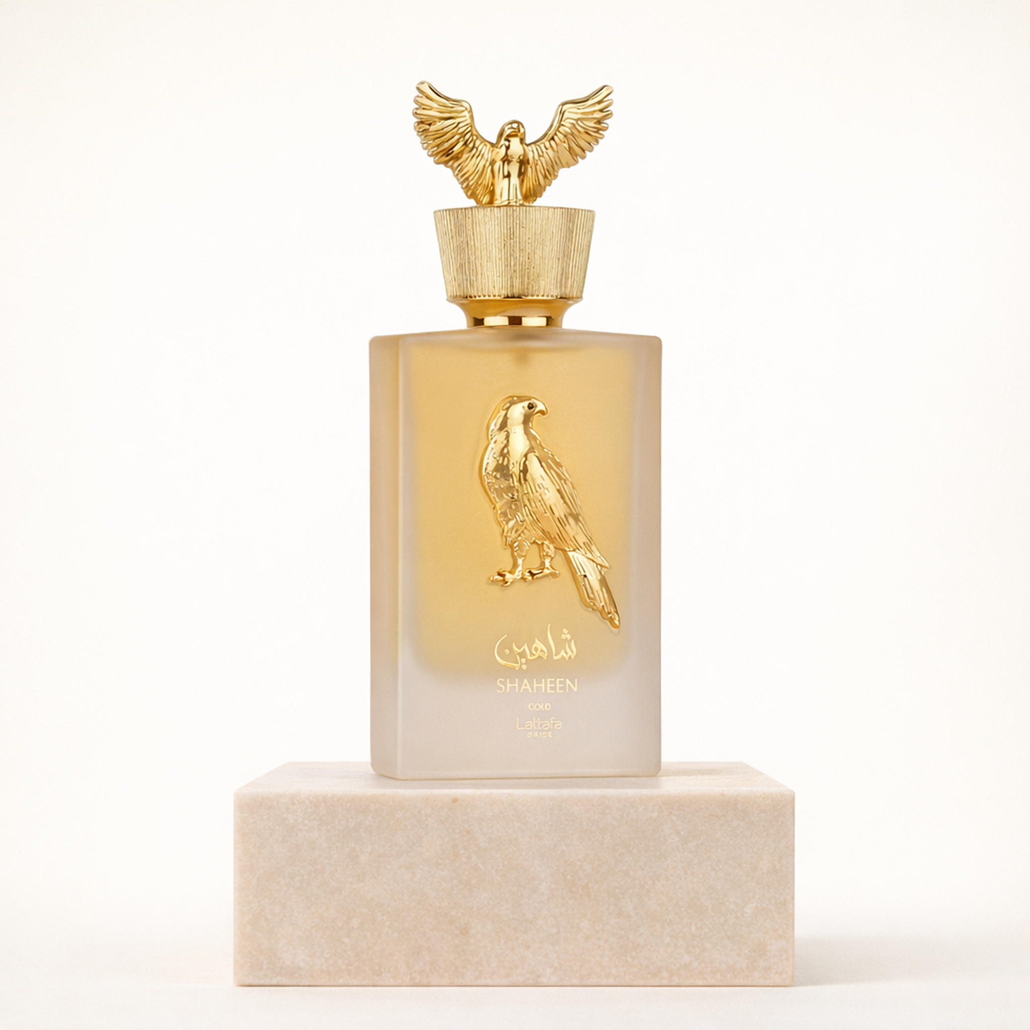 Lattafa Pride Shaheen Gold EDP upright pedestal gallery showcase