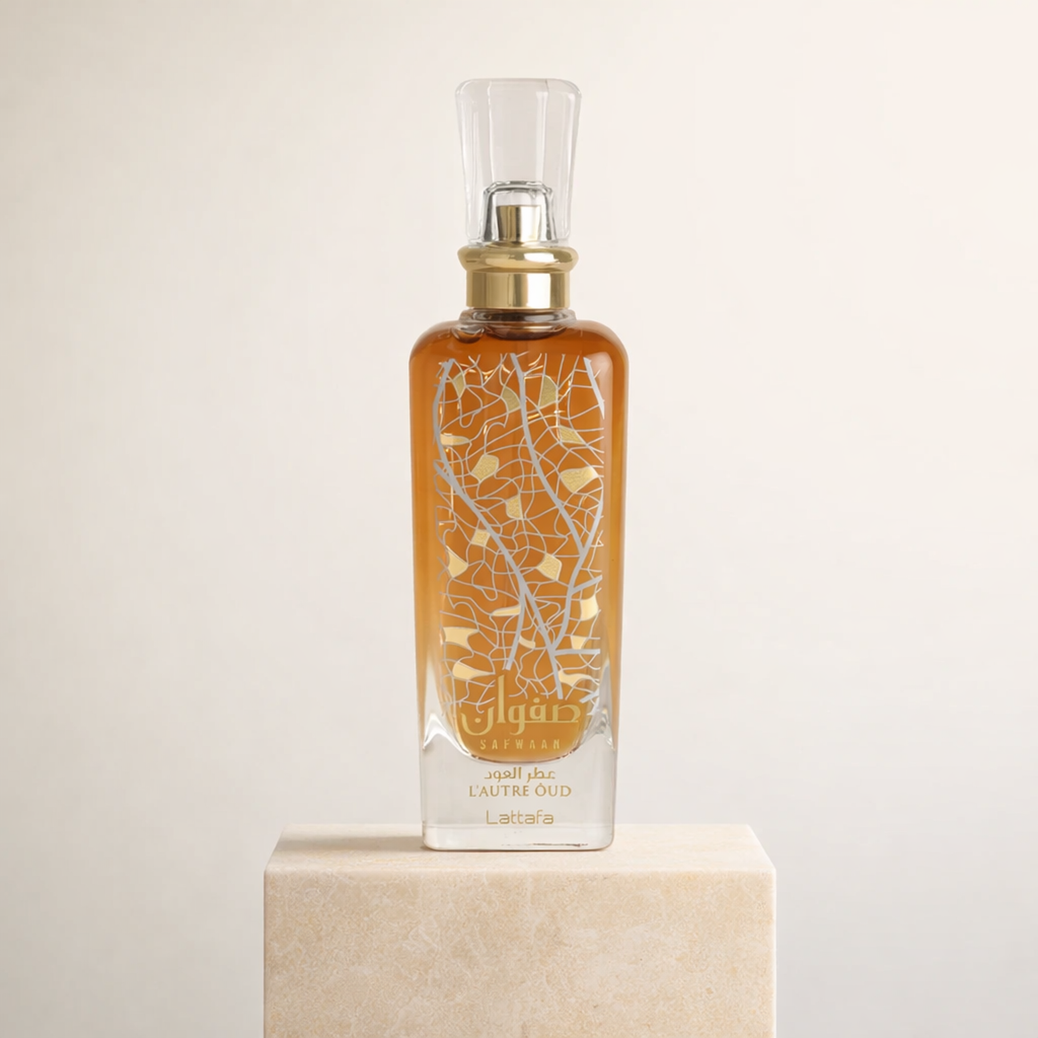 Lattafa Safwaan L'Autre Oud EDP upright pedestal gallery showcase
