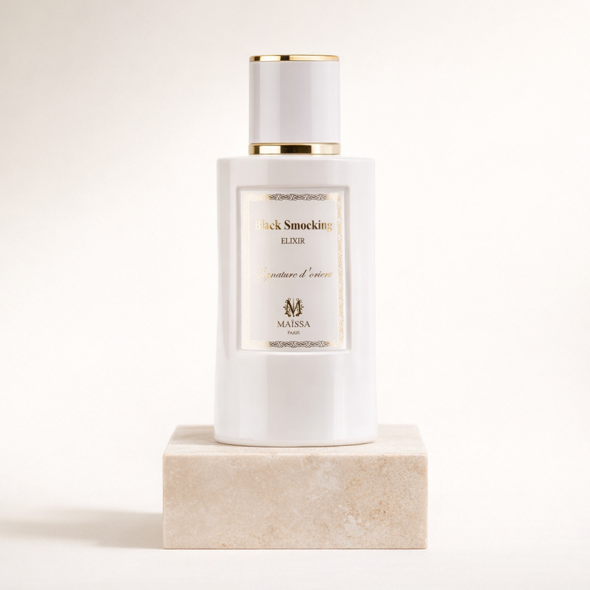 Maissa Black Smocking Elixir EDP upright pedestal gallery showcase