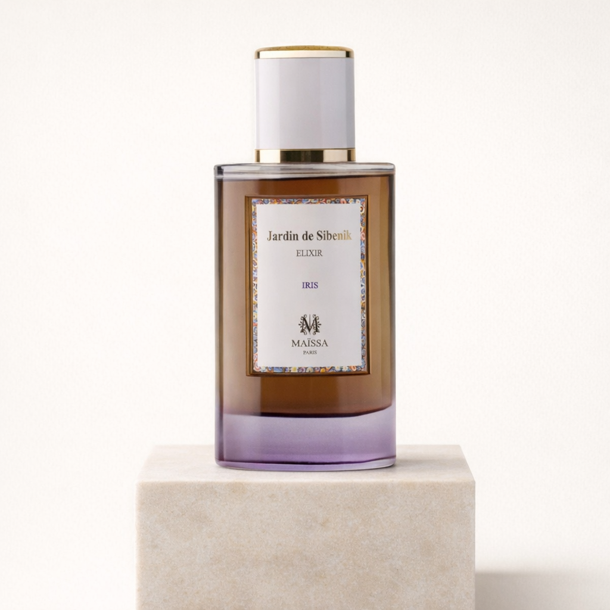 Maissa Jardin de Sibenil Elixir Iris EDP upright pedestal gallery showcase
