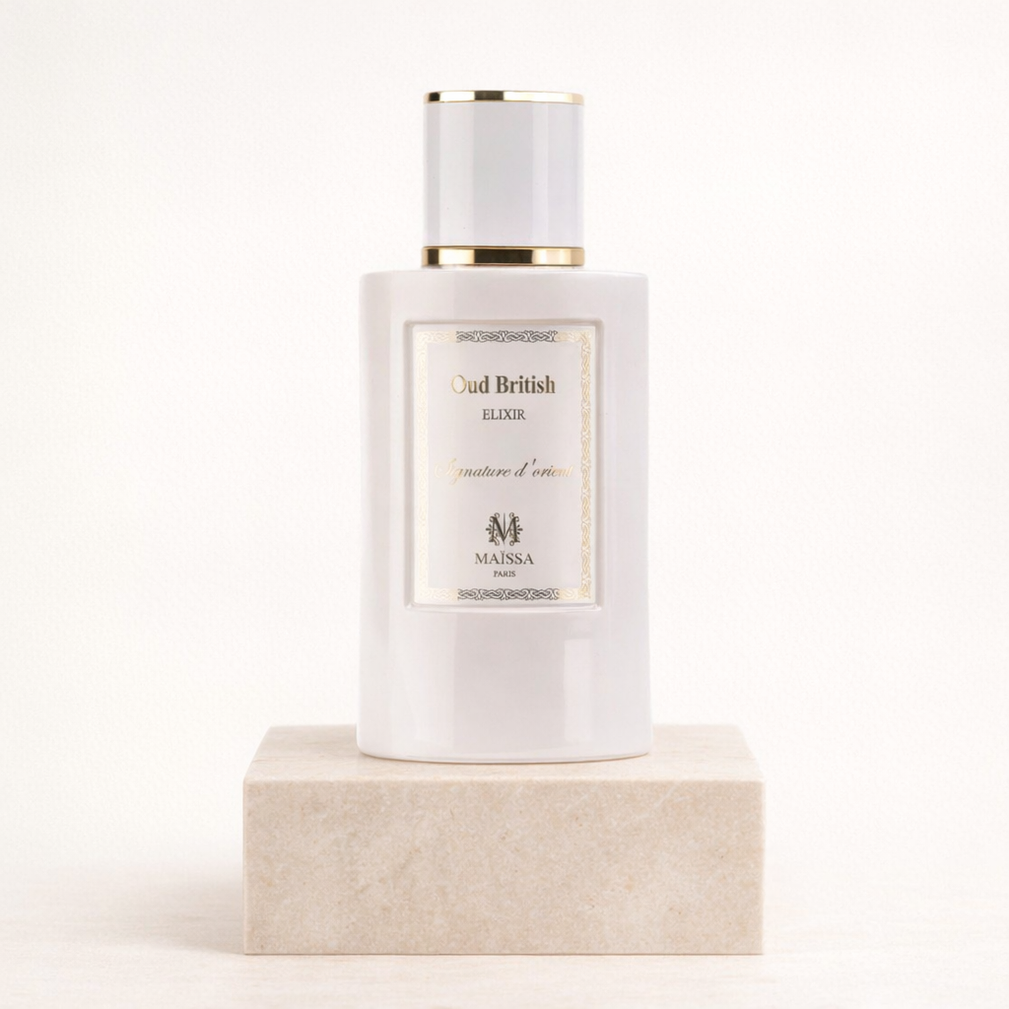 Maissa Oud British Elixir EDP upright pedestal gallery showcase