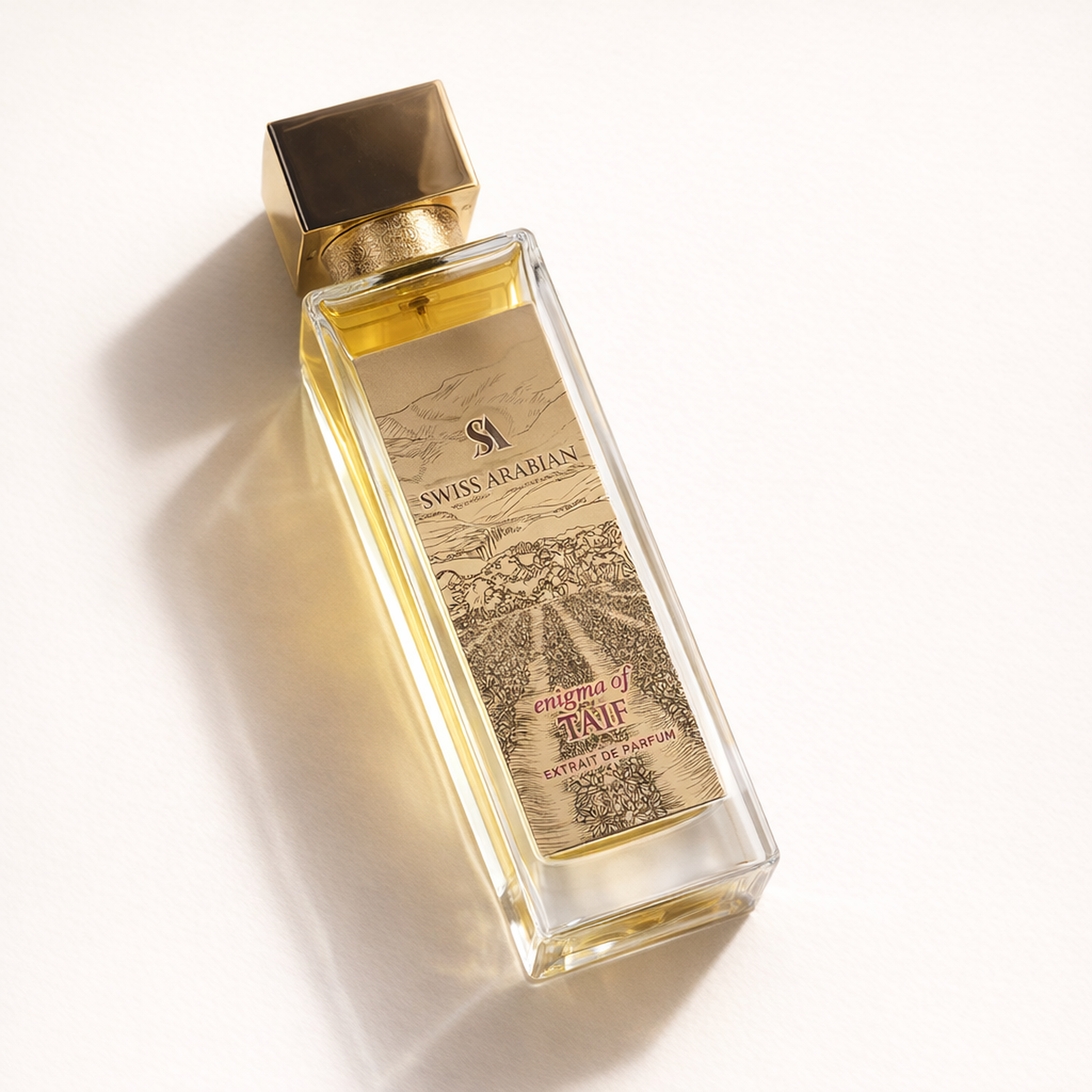 Swiss Arabian Enigma of Taif Extrait Parfum angled still-life gallery showcase